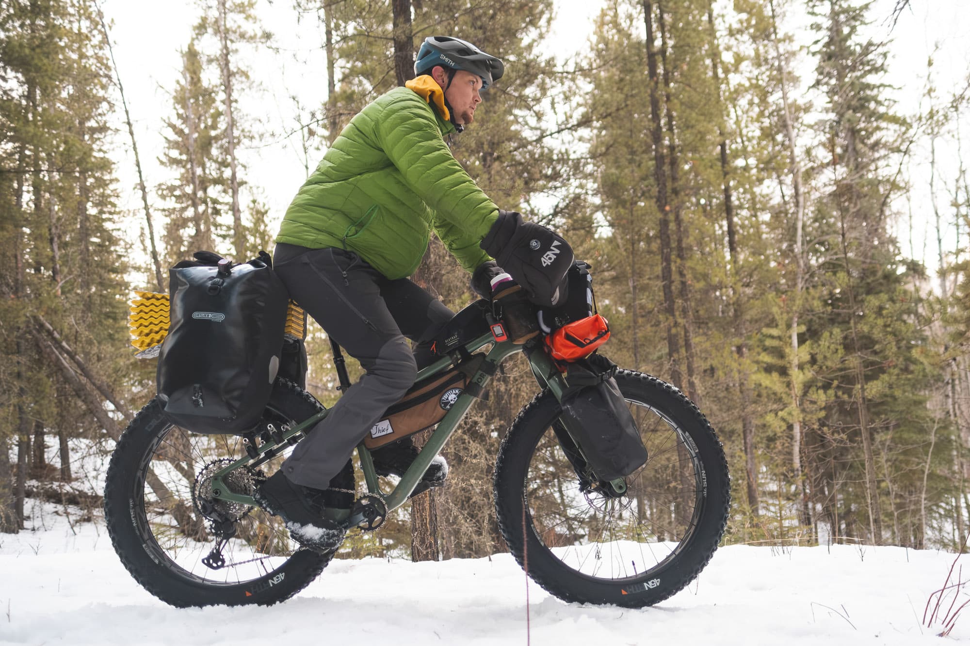 Tyler rides the chi-chocs fully loaded.