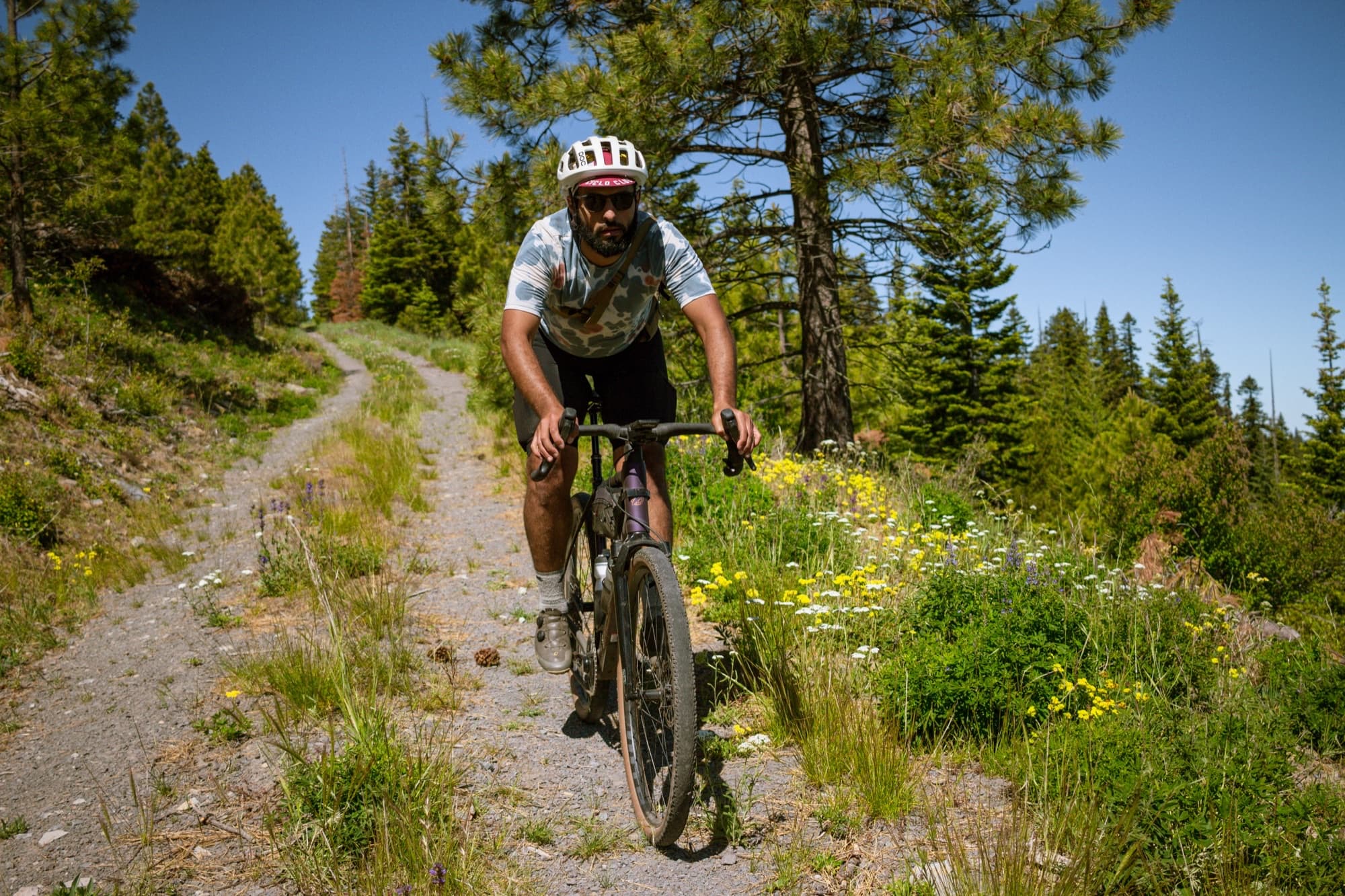 Grinding up a meadow track dotted with yellow blooms
