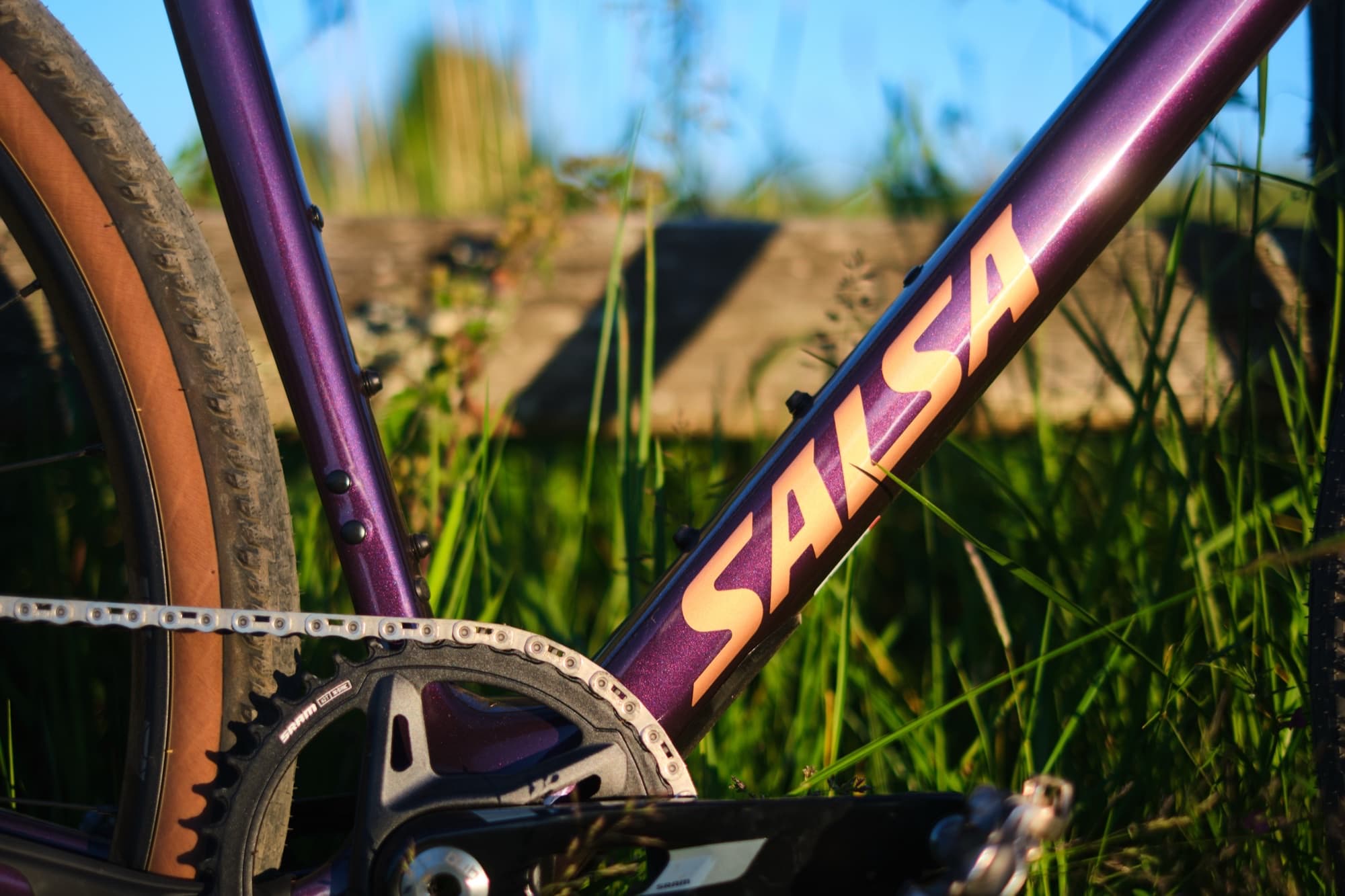 The Salsa down tube decal alongside the crank