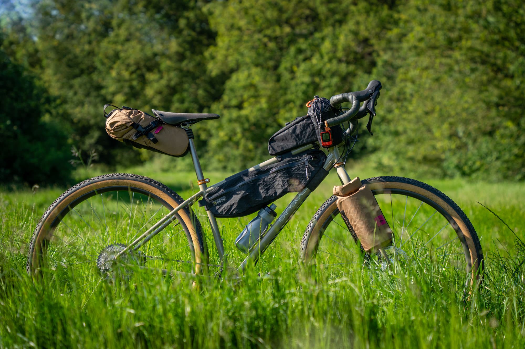 A bikepacking bike in a field.