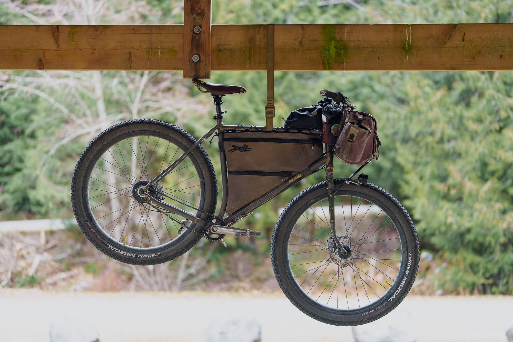 A bike hanging from an Austere lock belt.