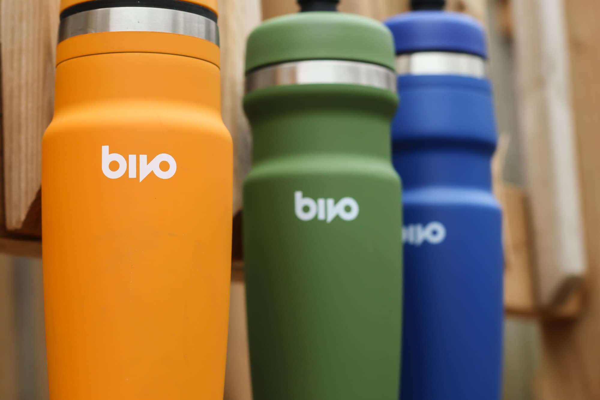 Yellow blue and green Bivo bottoles.