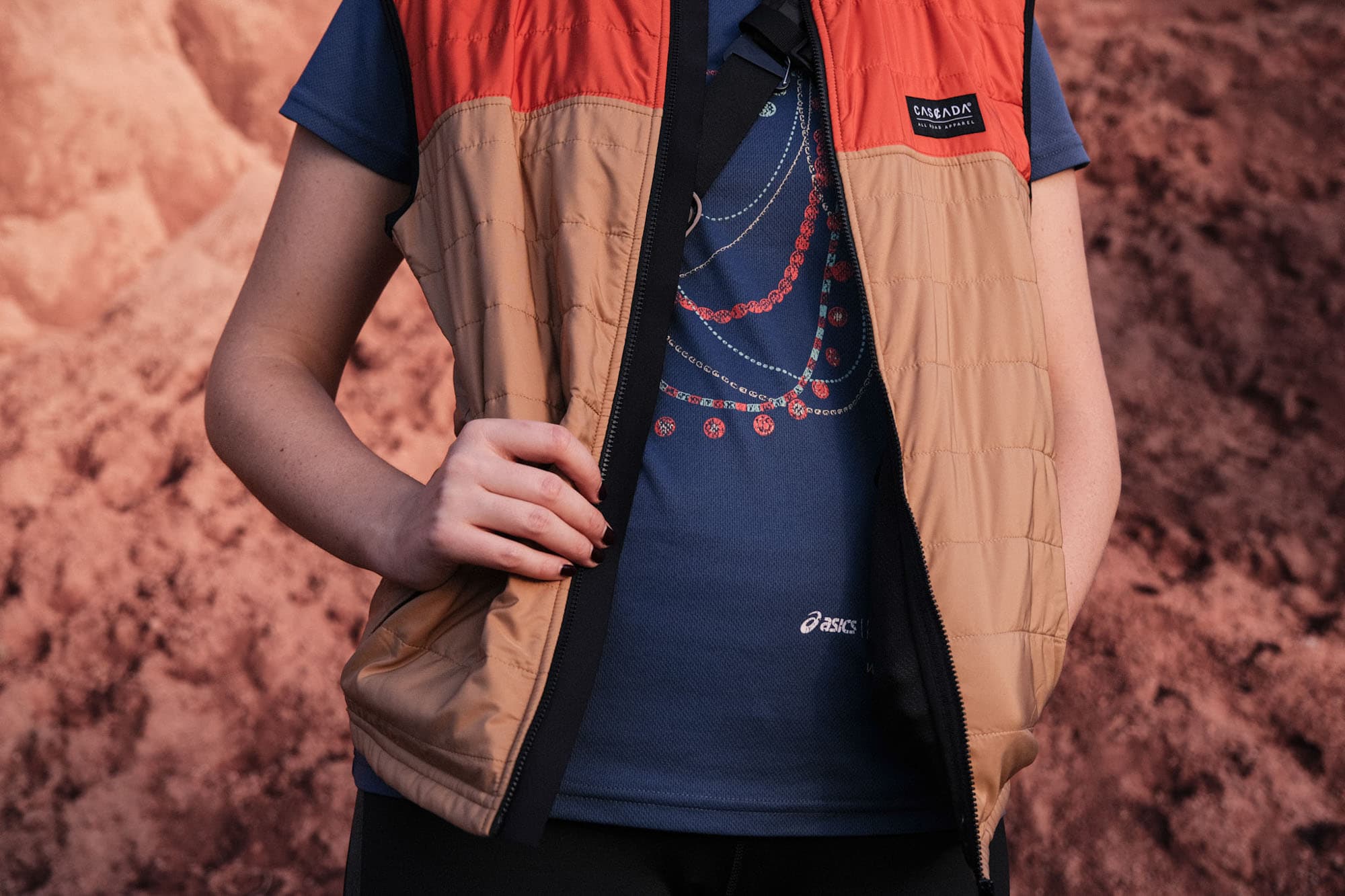 Geralds partner tries on the Cascada Vest.