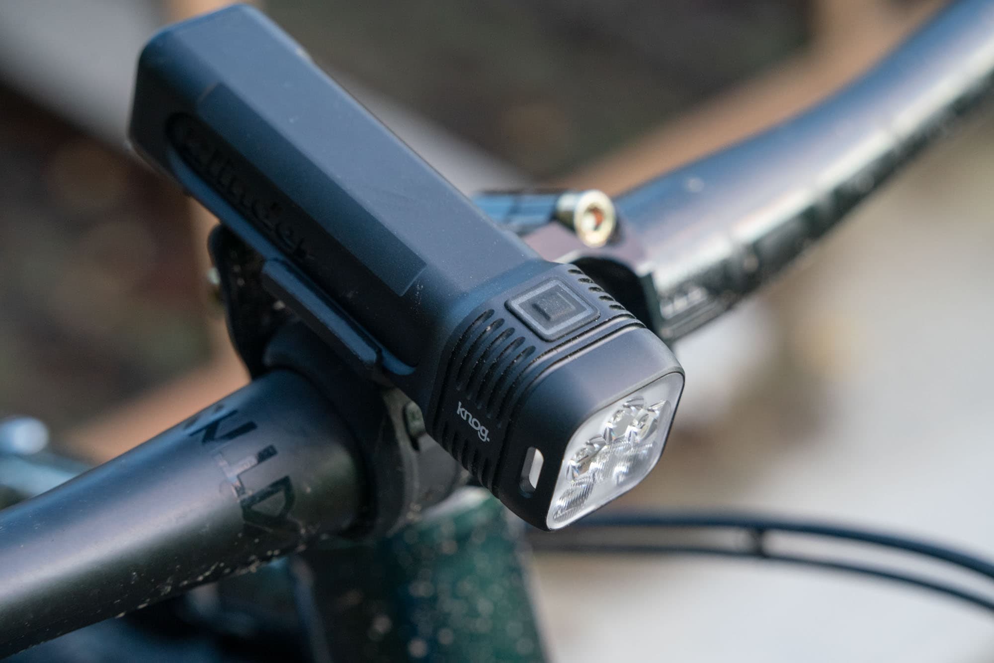 Knog Blinder 1300 three quarter view on the bars.