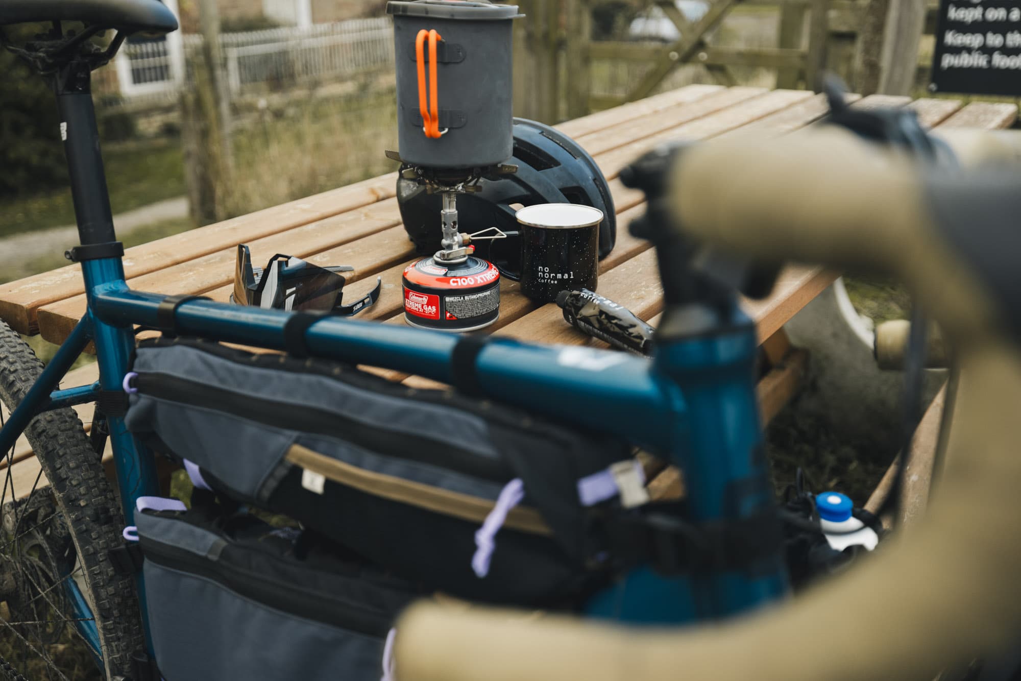 Lews bikepacking setup with No Normal Coffee.