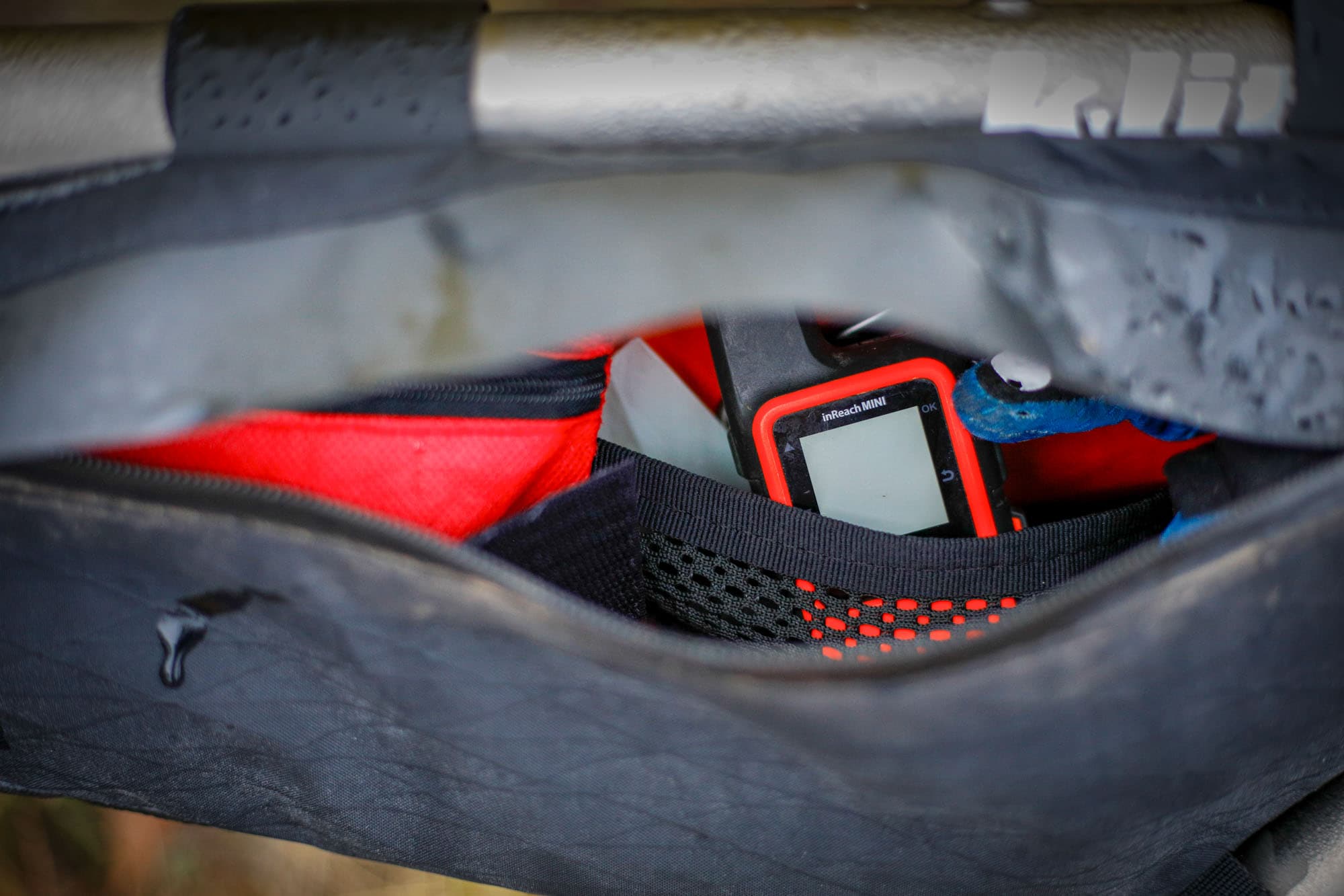 A Garmin inside a bikepacking bag.