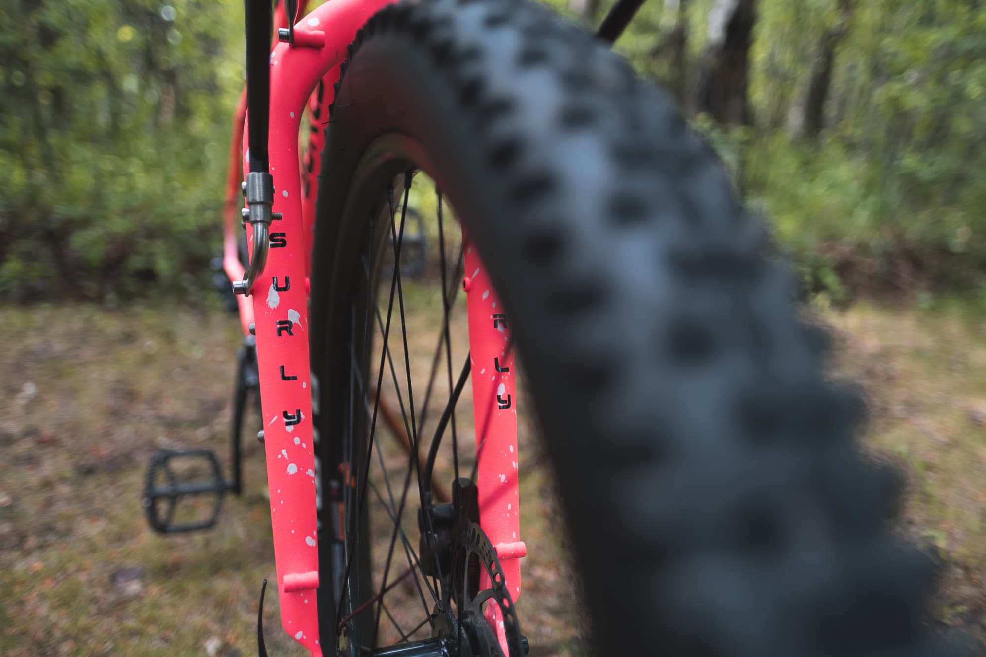 The Surly stickers on the front fork.