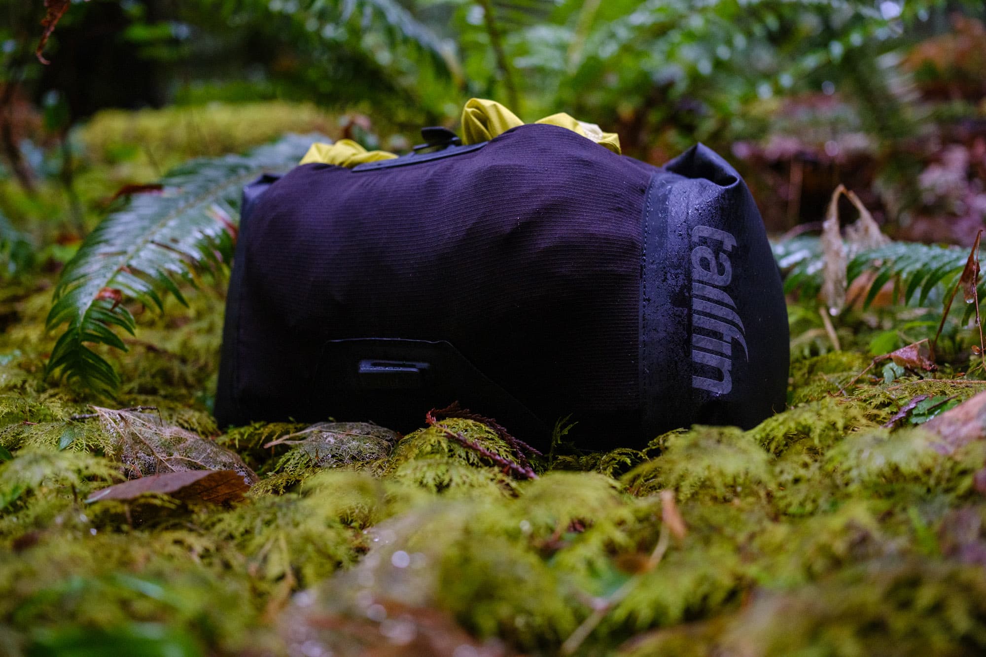 The Tailfin Bar Bag in the moss.
