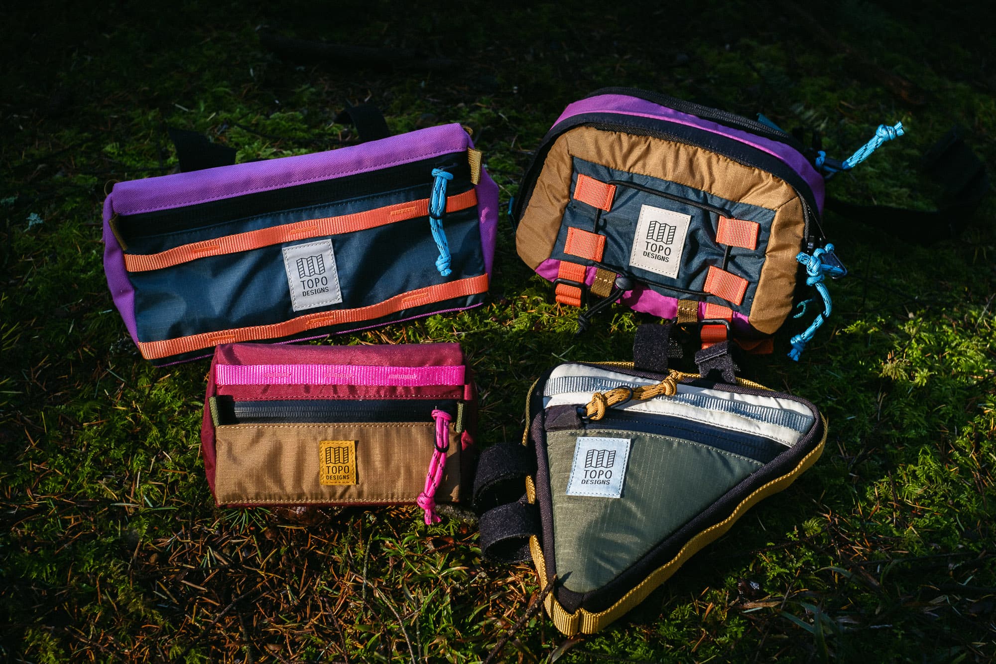 The line up of Topo Designs bike bags.