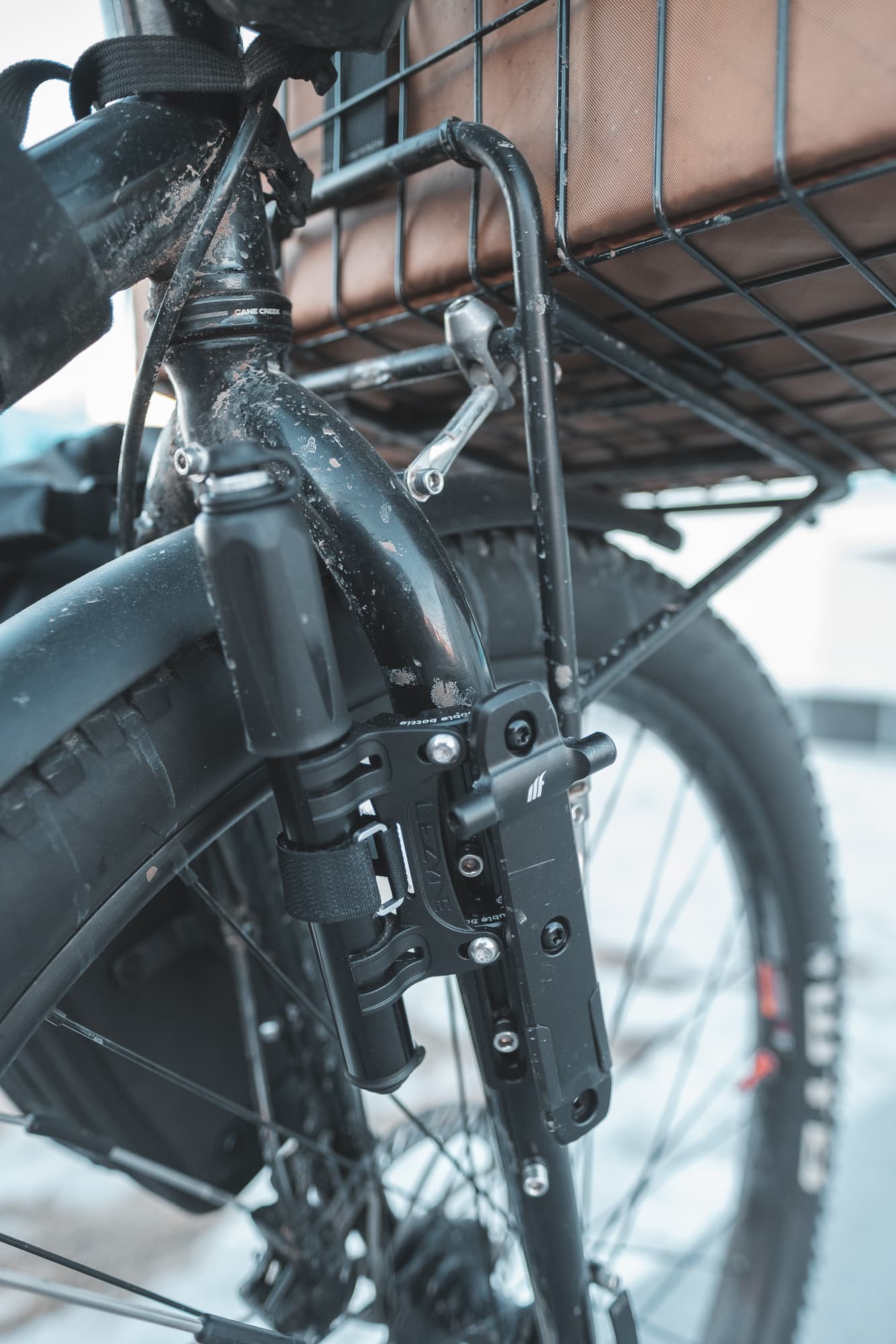 A loaded front fork with The Wolf Tooth B-RAD system.