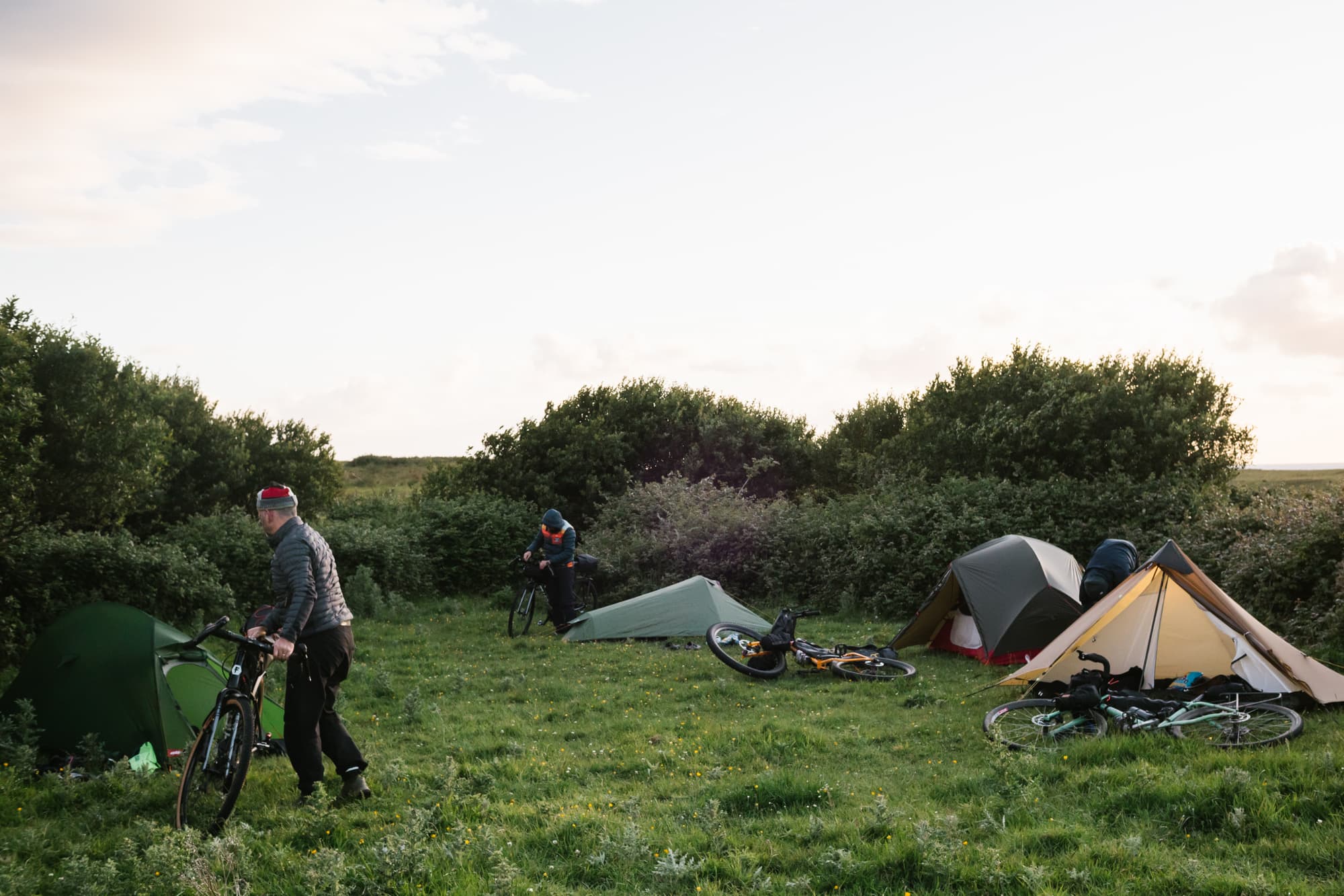 Tents and bikes tucked into a sheltered green field at the wild camp