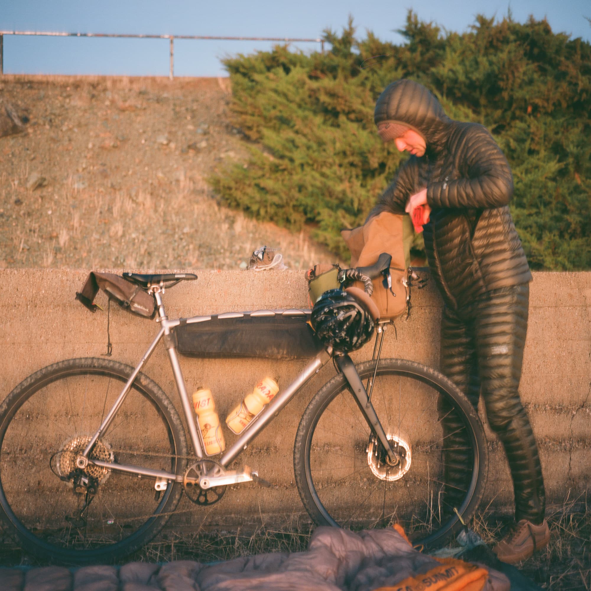 Keeping warm off the bike.