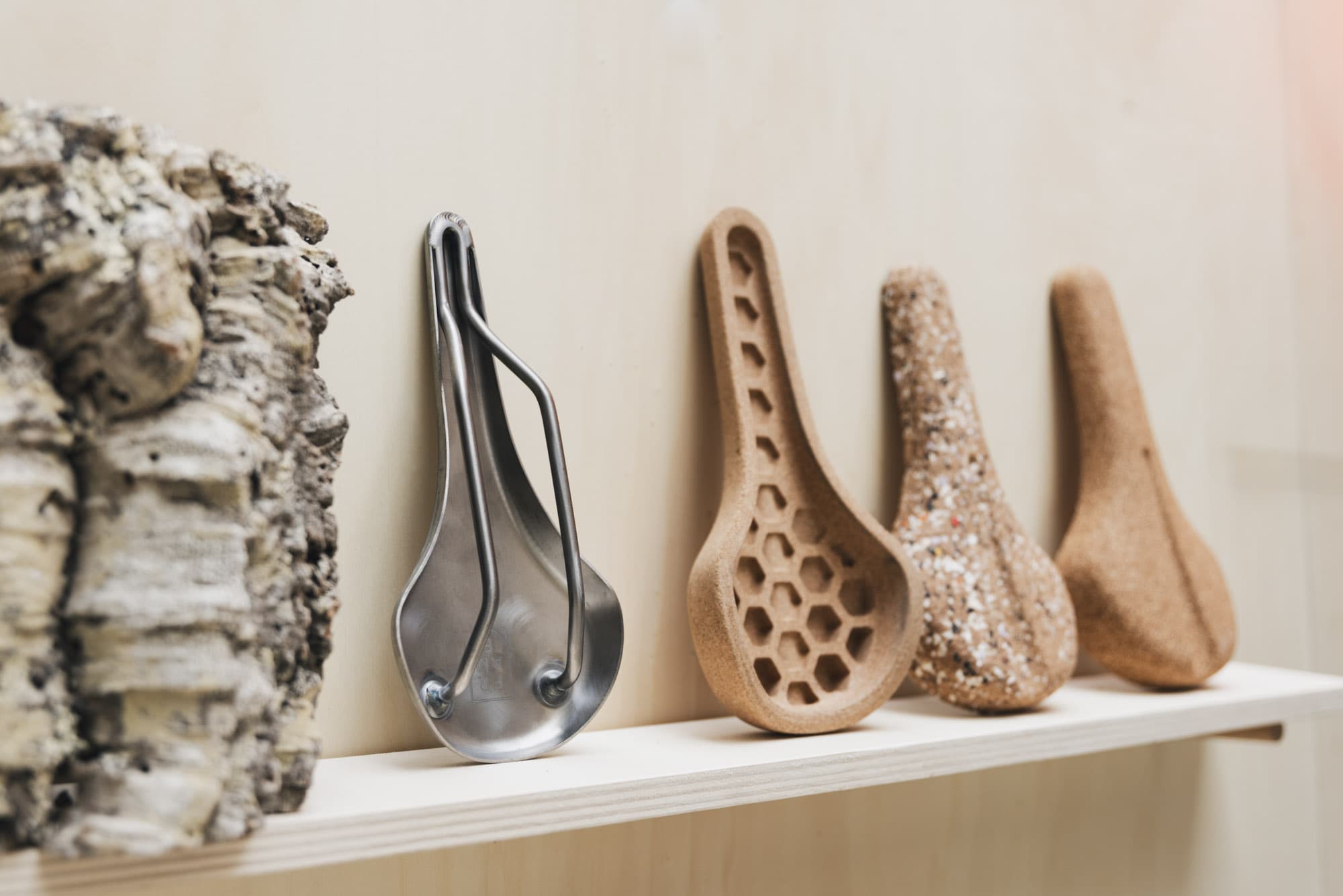 Prototypes for the Frame Cycles cork saddle.