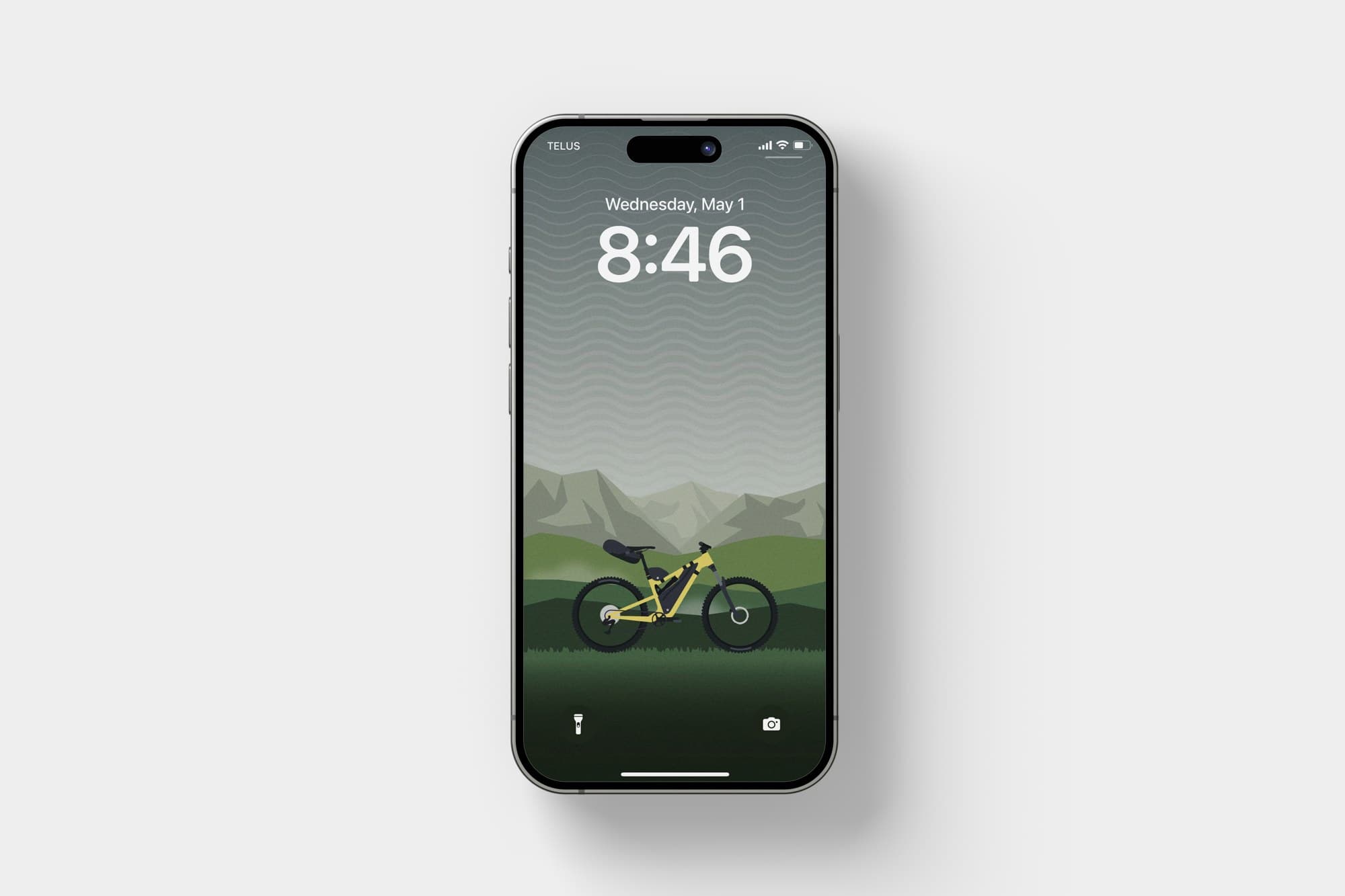 The Bike Anywhere mountain wallpaper on an iPhone lock screen