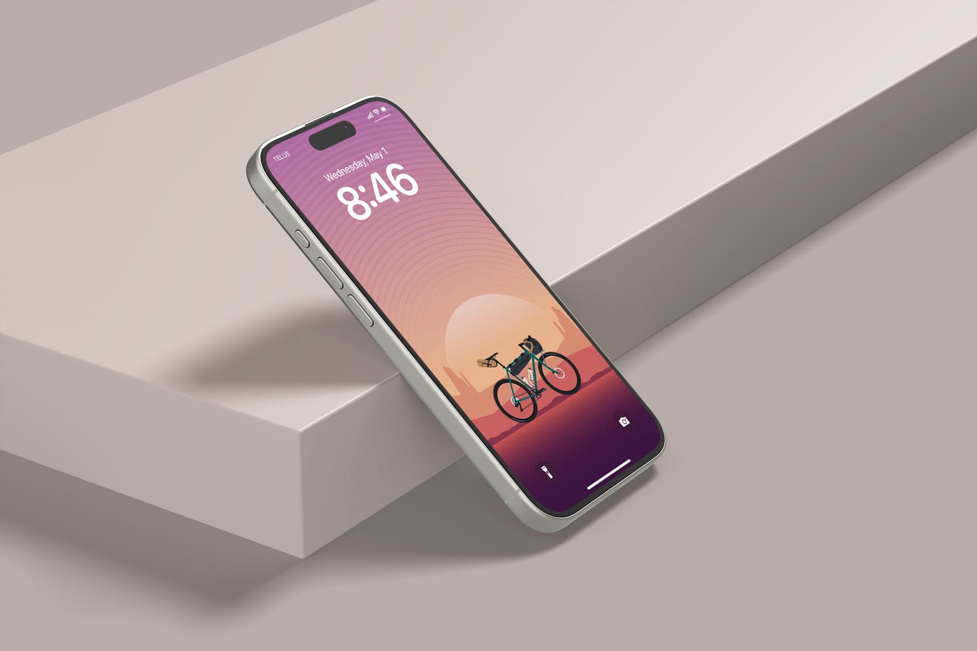 The Bike Anywhere gravel wallpaper on an iPhone lock screen, propped on a plinth