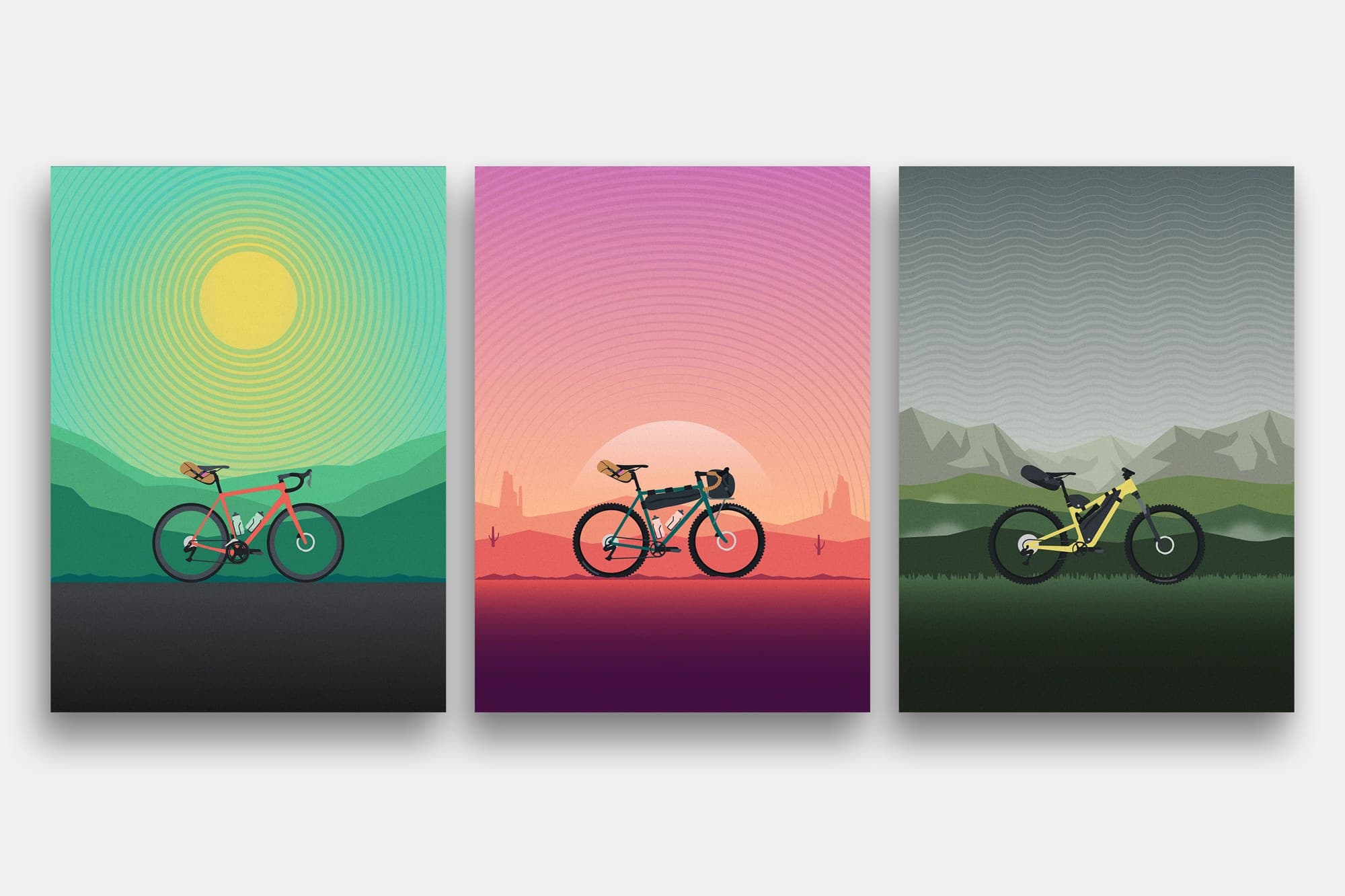 All three Bike Anywhere designs printed side by side: road, gravel, and mountain