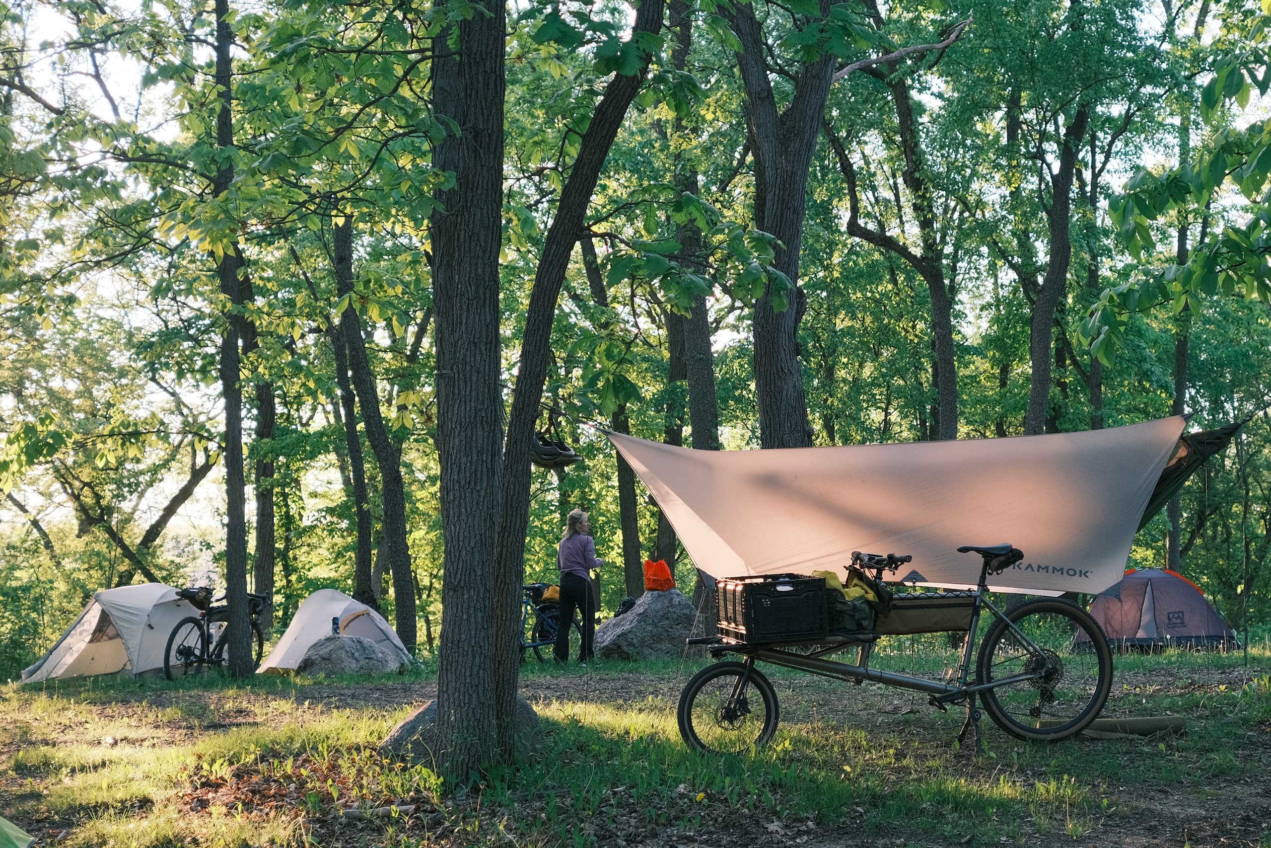 A cargo bike at a campsite.