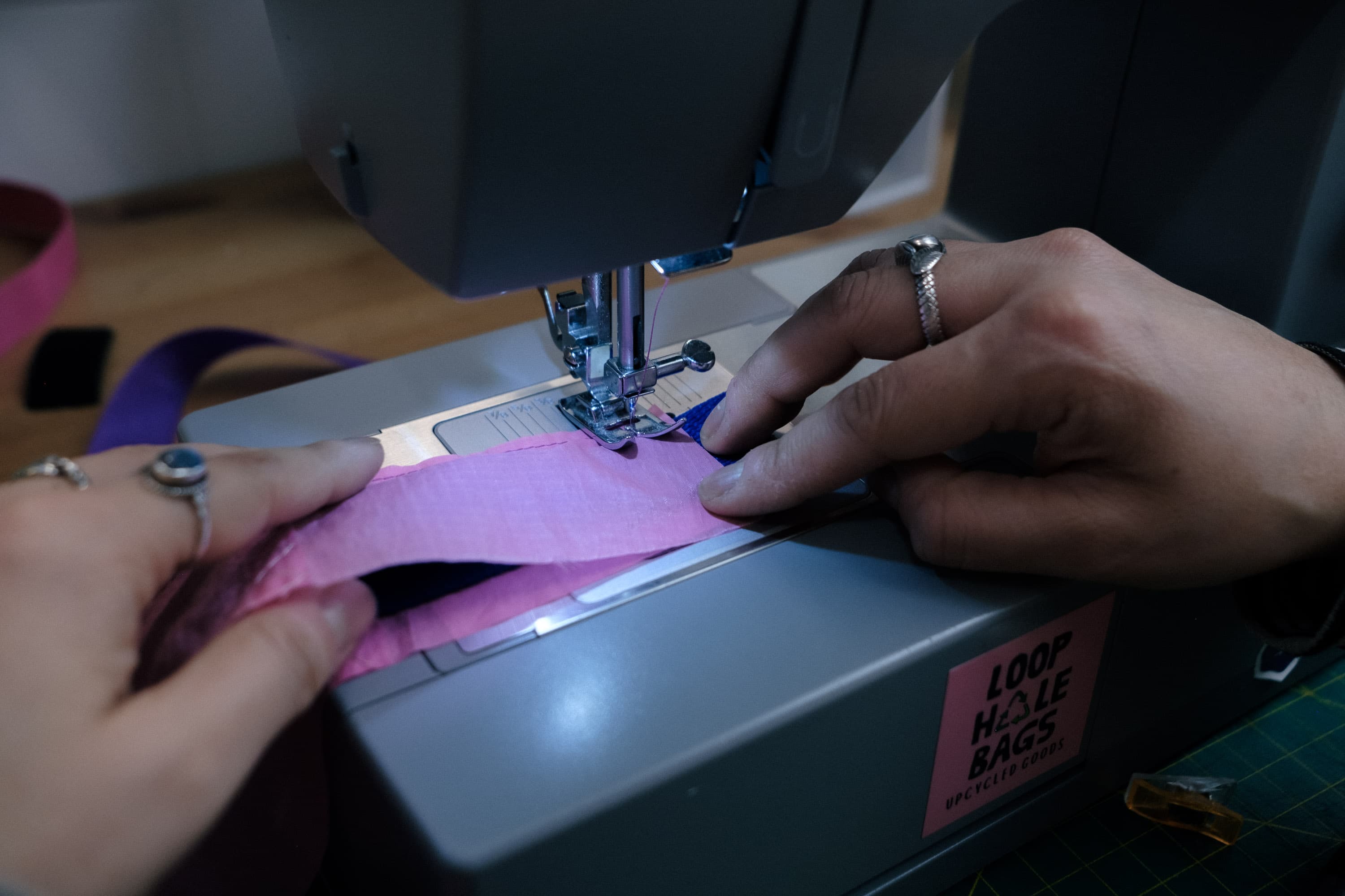 Sewing the straps.