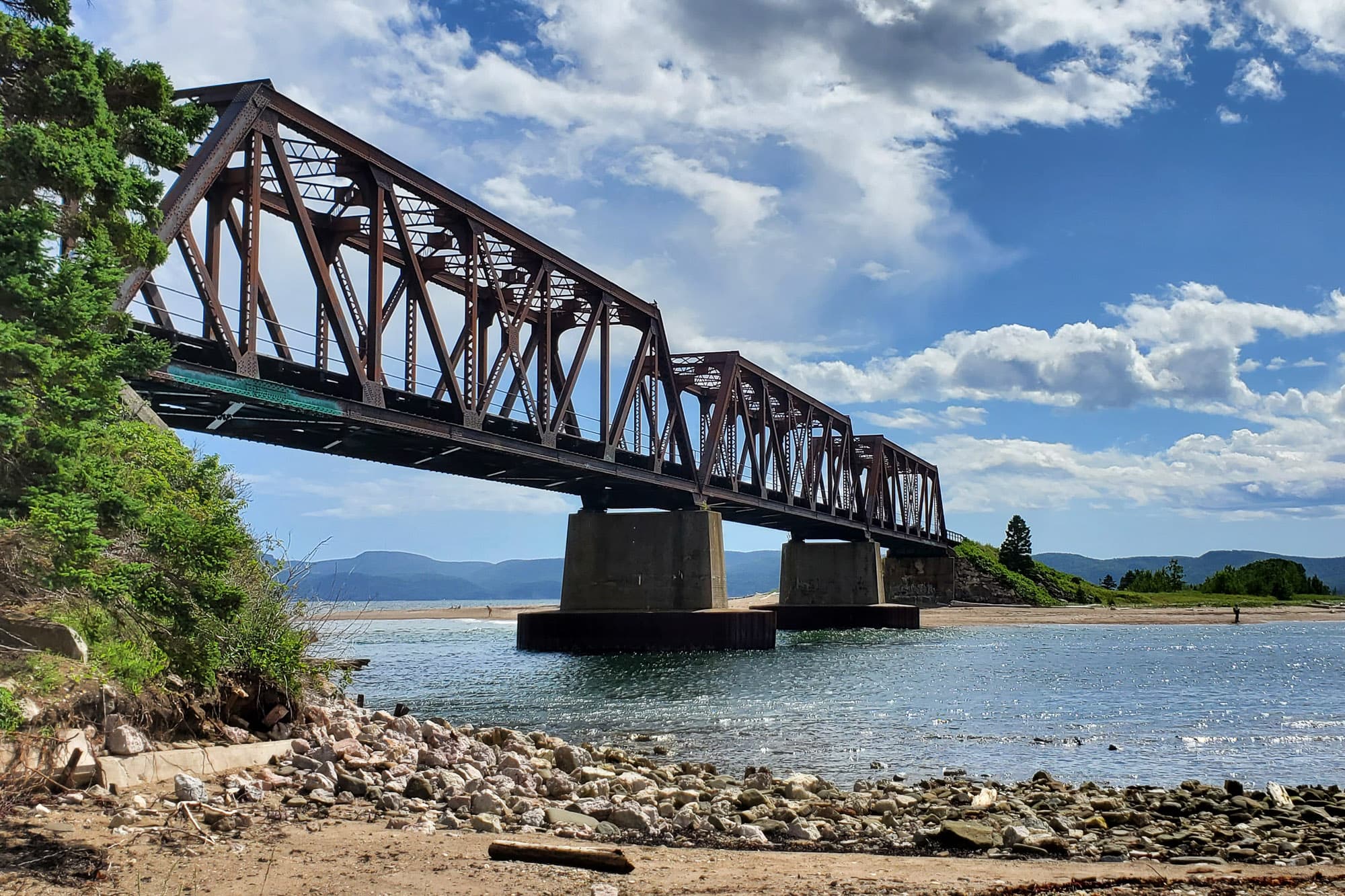 A train bridge spanning a river.