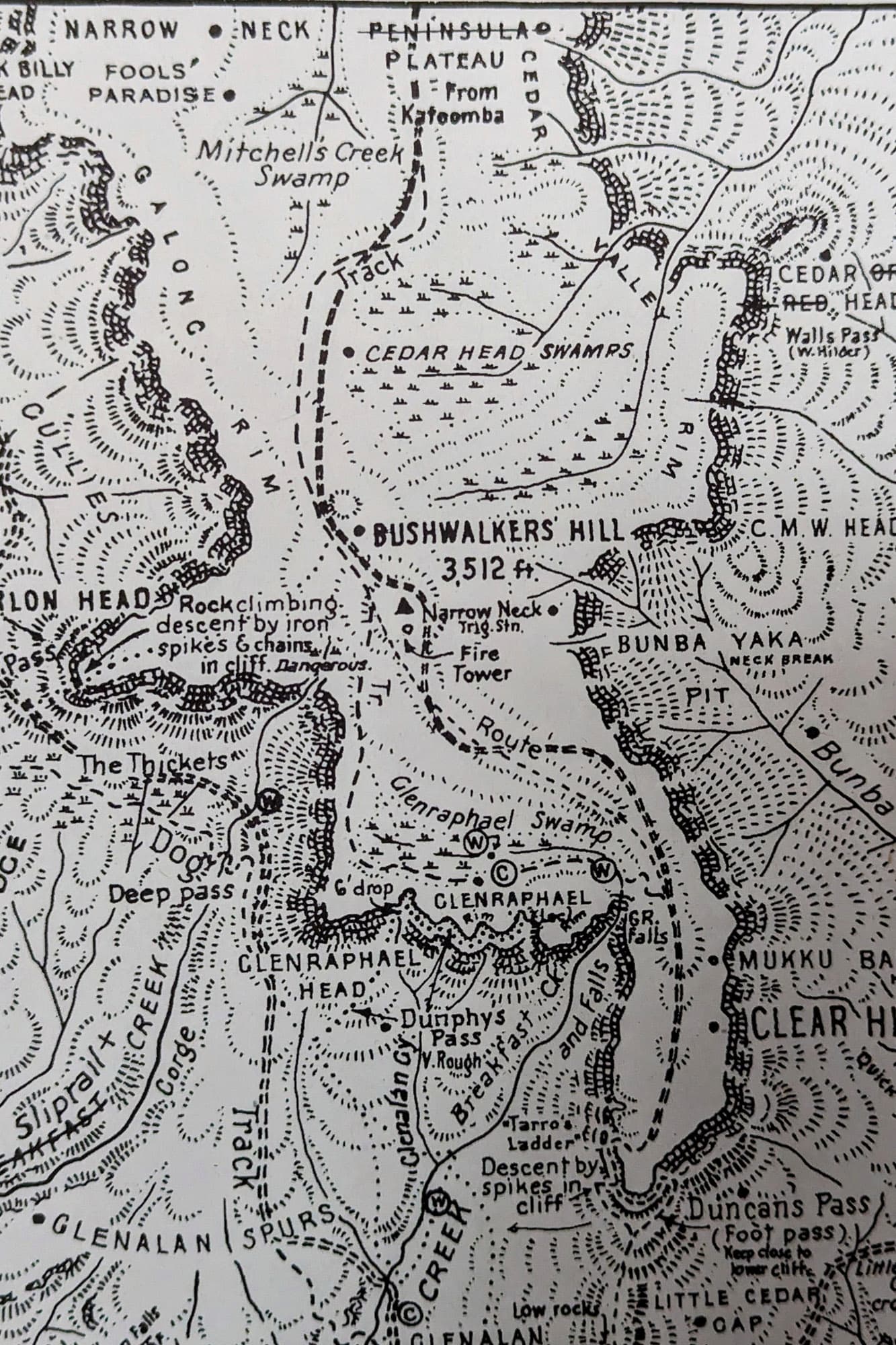 A handdrawn map of the Narrow Neck.