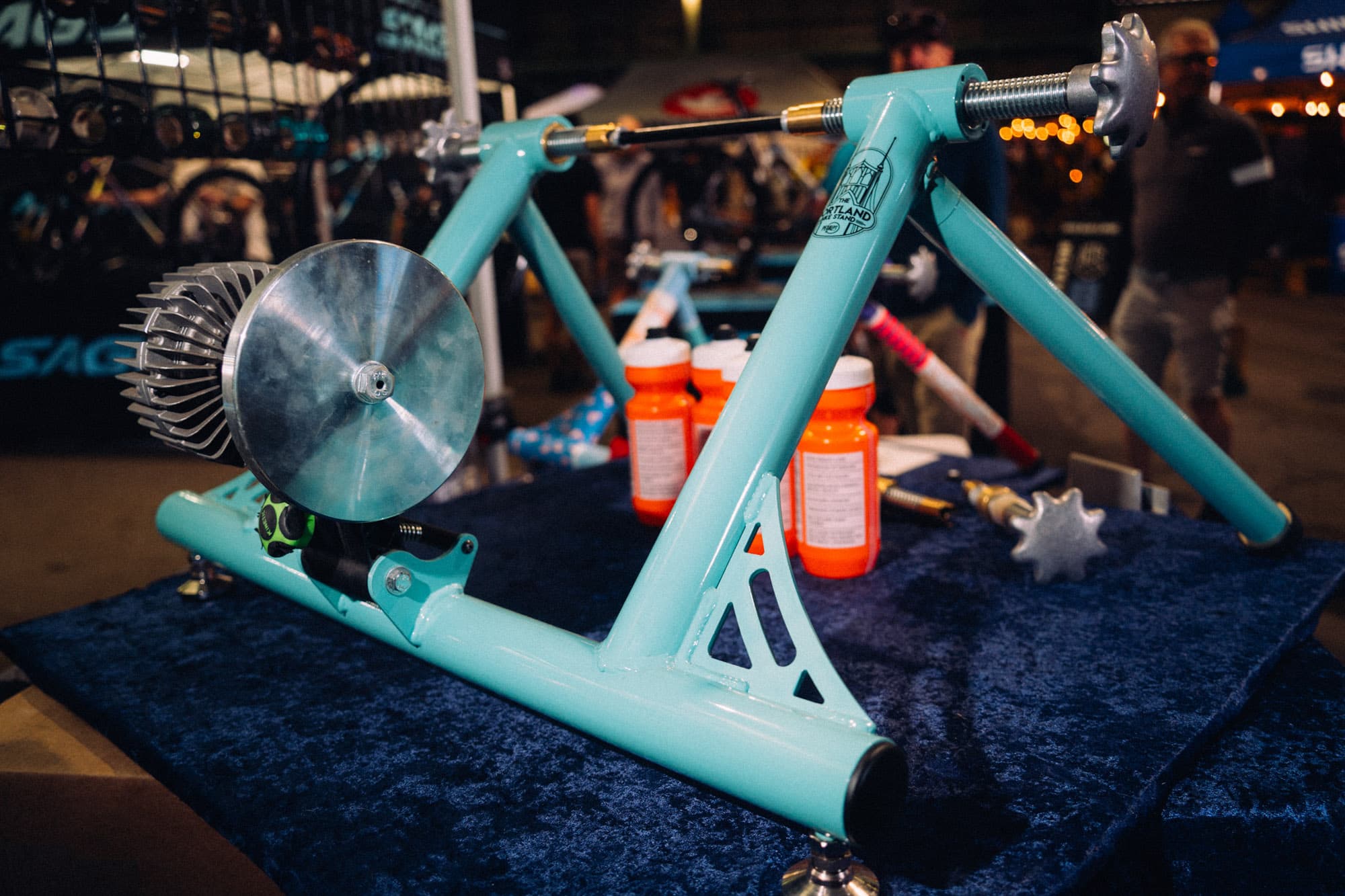 A blue Portland Bike Stand.