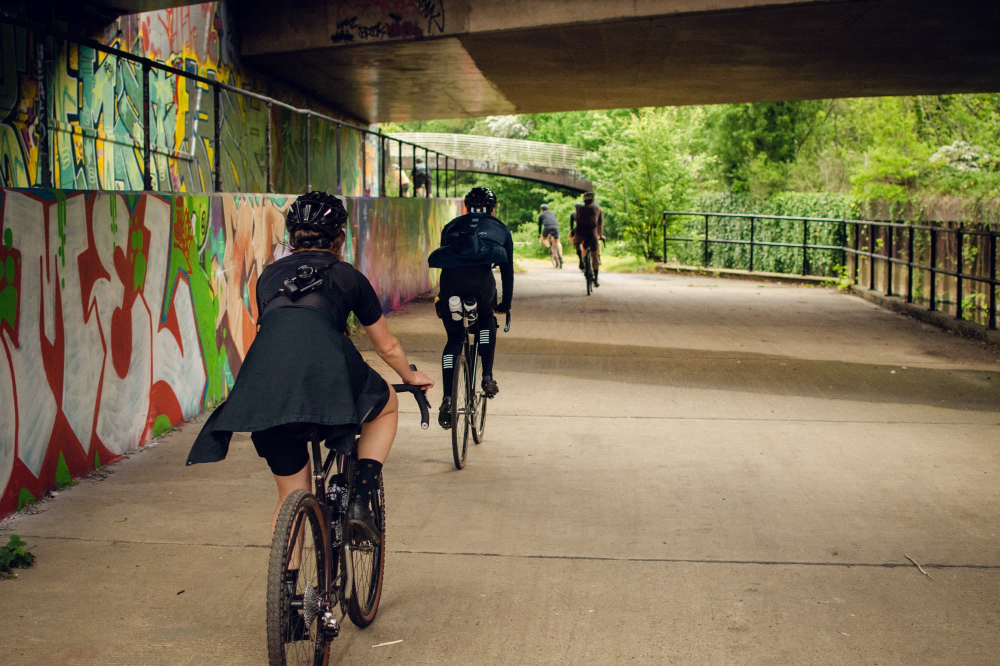 Cycling under an overpass in North London.