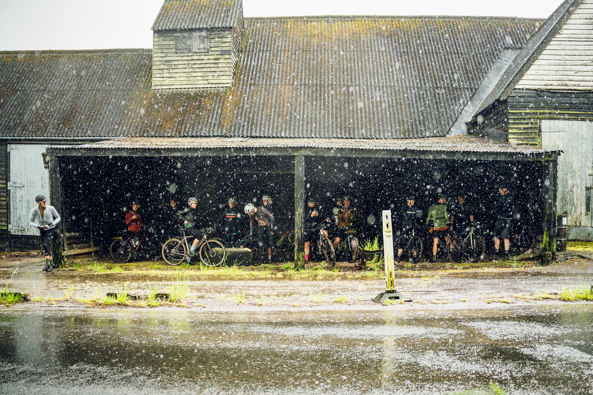 The crew takes a break for rain.