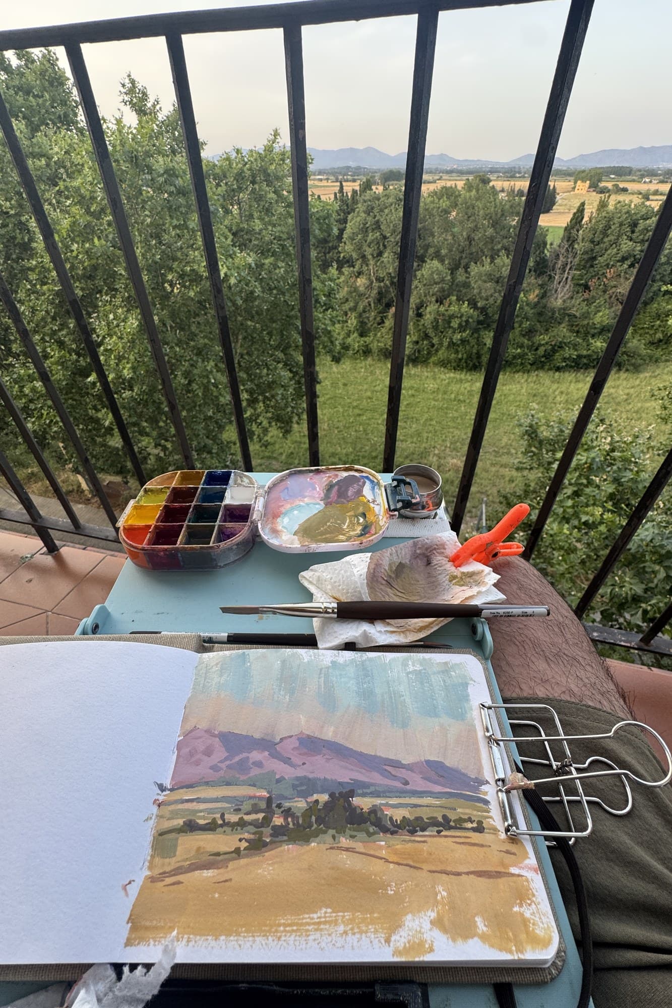 Landscape sketch on a balcony overlooking fields