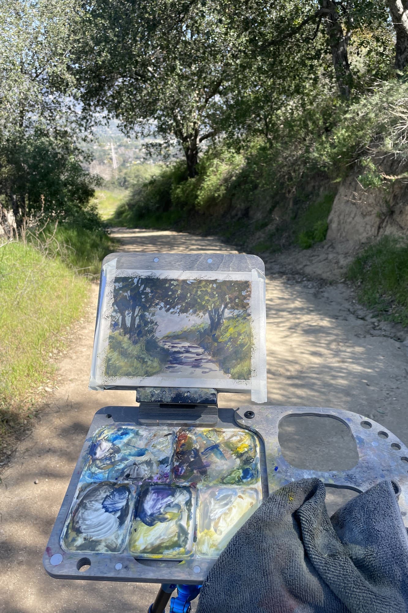 Thumb box painting of a shaded dirt road