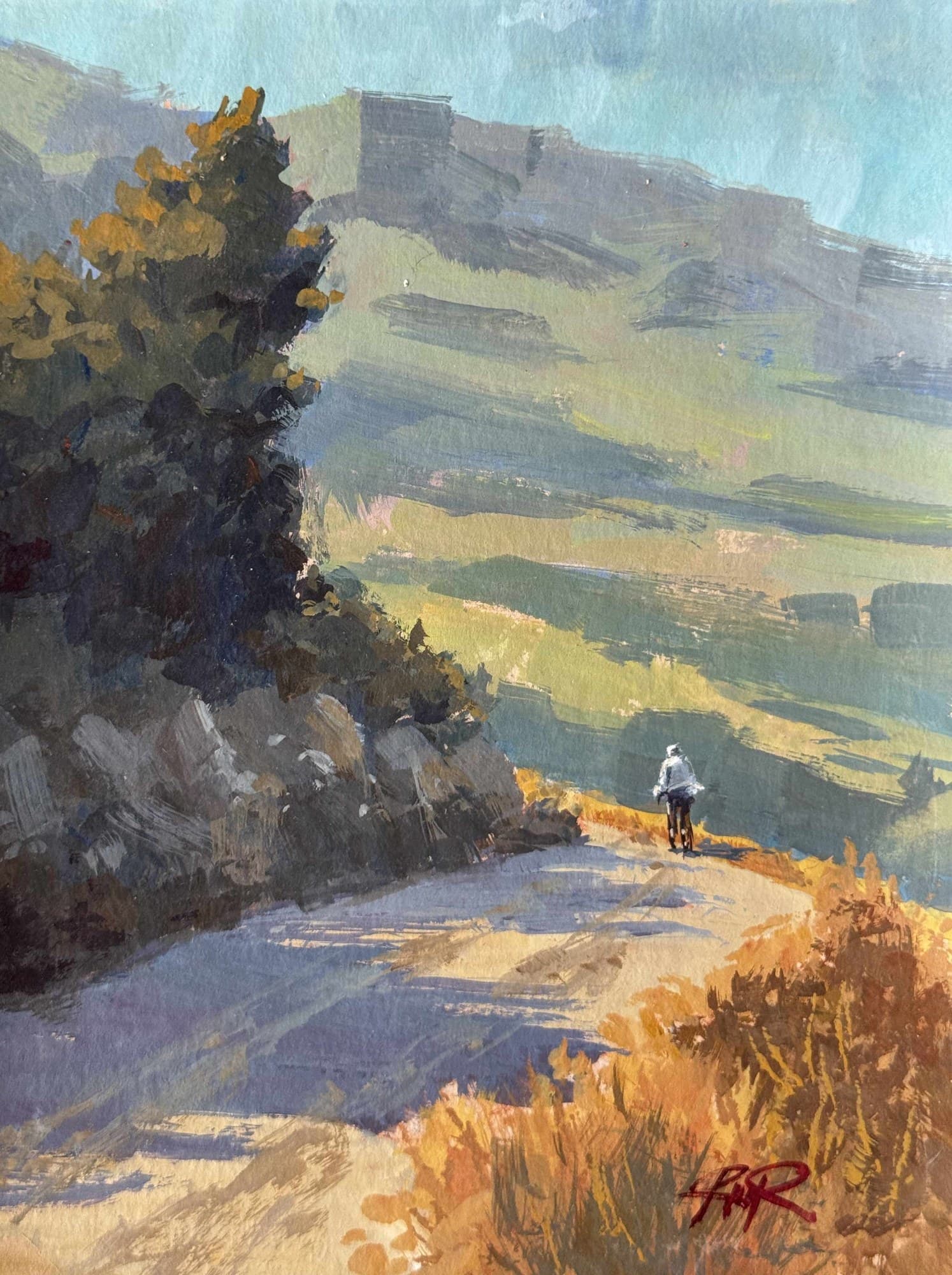 Gouache painting of a cyclist on a sunlit road