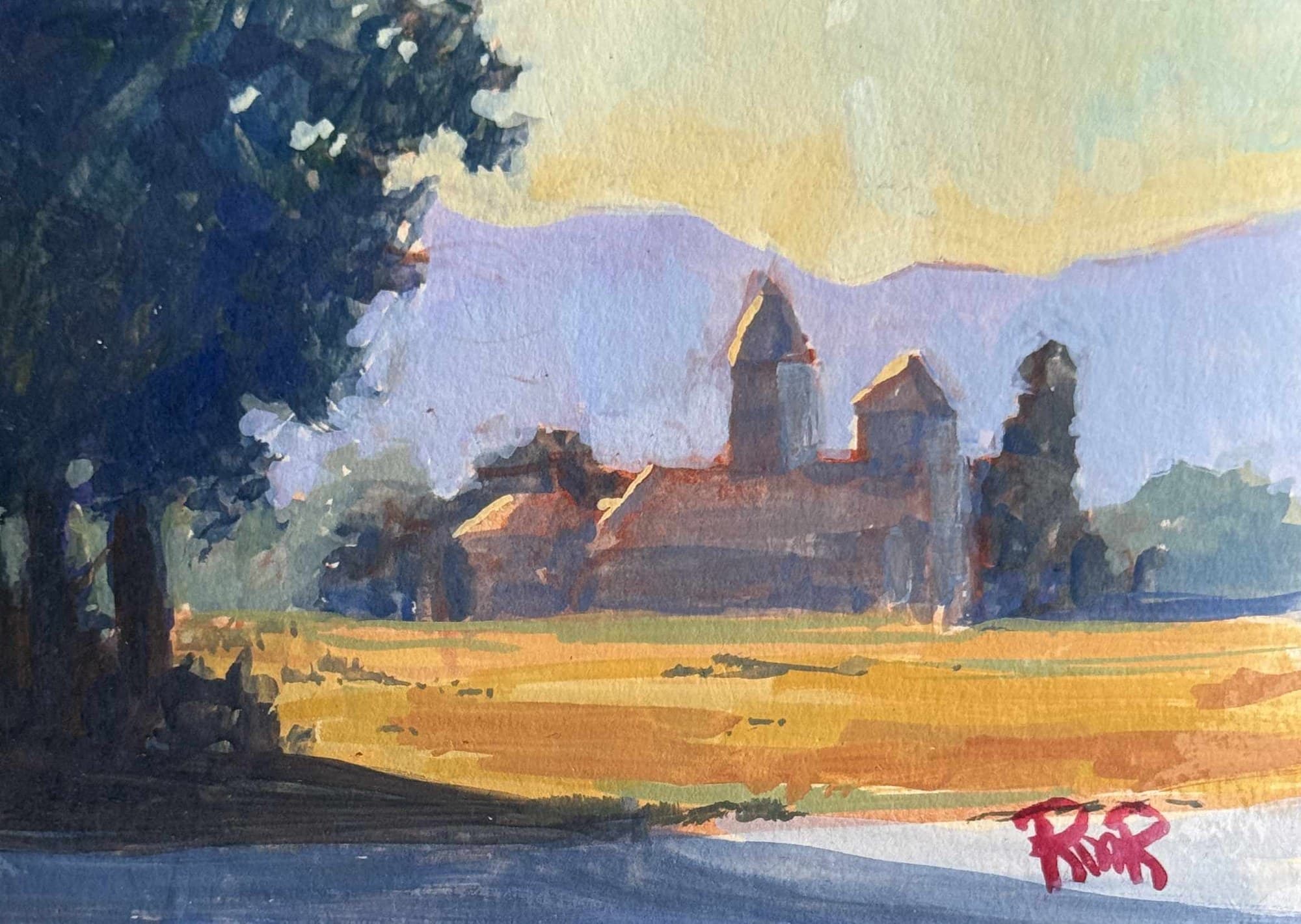 Gouache painting of a castle at golden hour