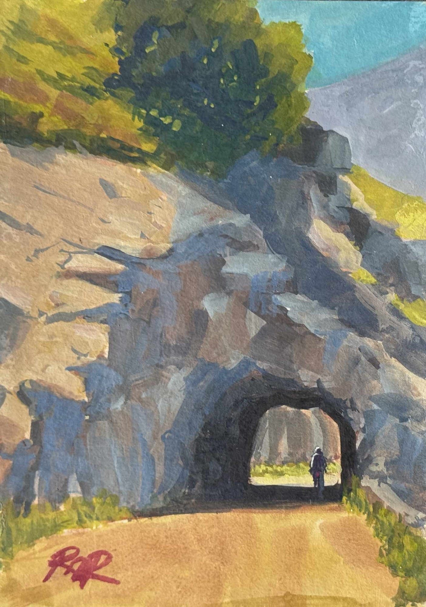 Gouache painting of a rider approaching a rock tunnel