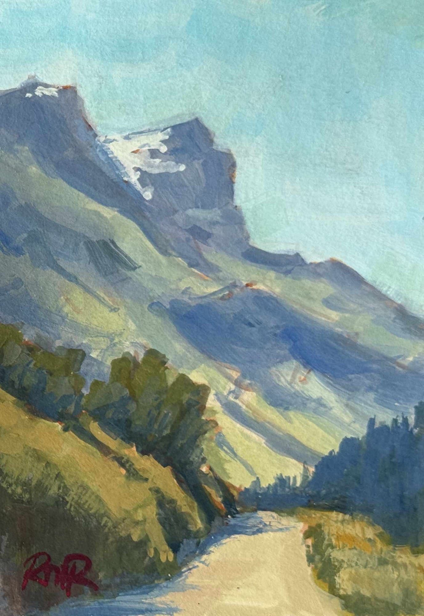 Gouache painting of a mountain valley road