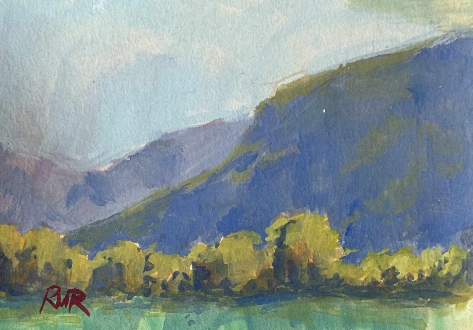 Gouache painting of hills above a lake in France