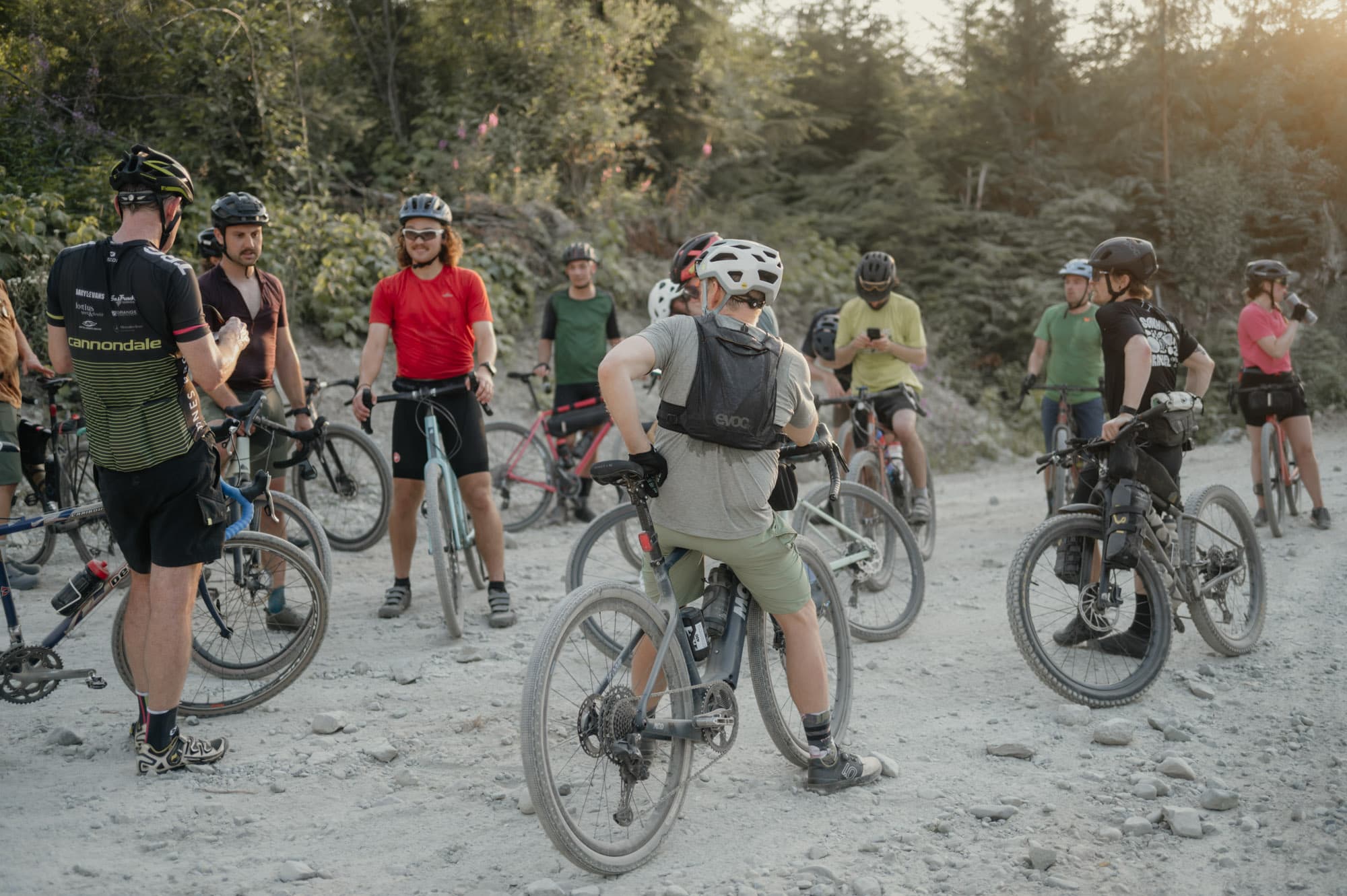 A group of gravel cyclists taking a break.