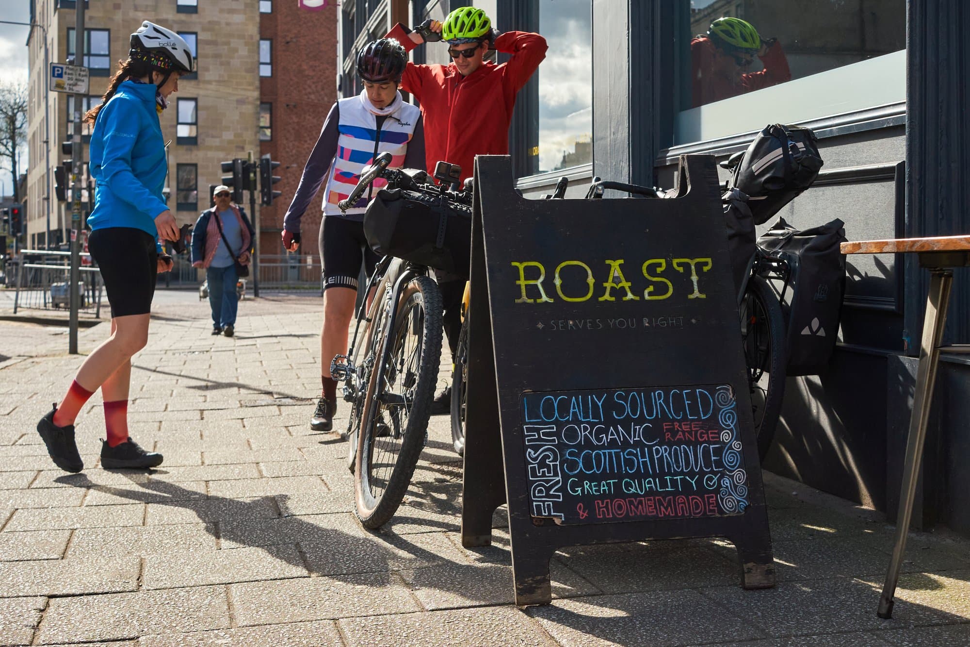 Riders gearing up outside Roast café in Glasgow.