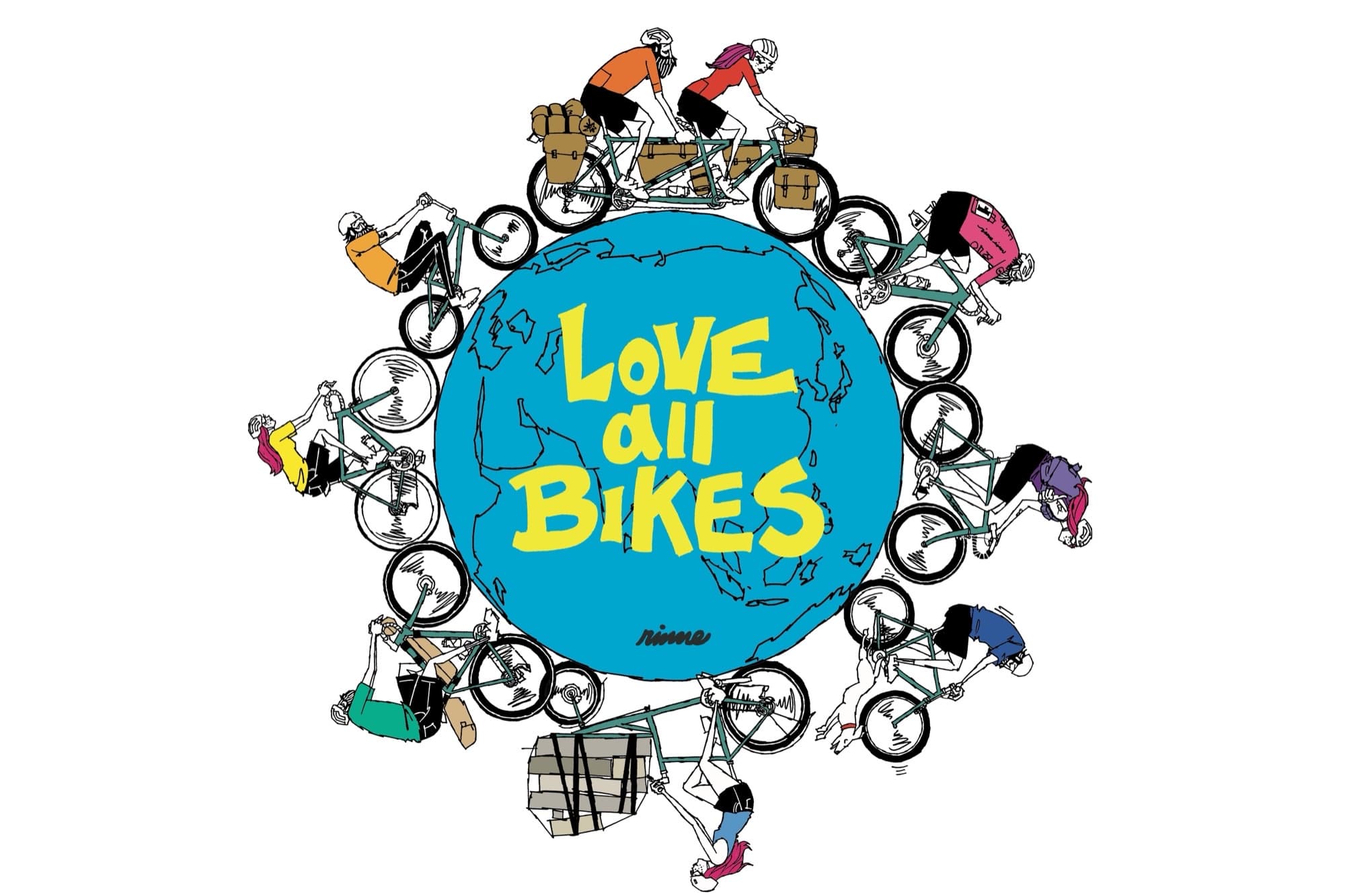 Illustration of cyclists of every kind circling a globe under the words Love All Bikes