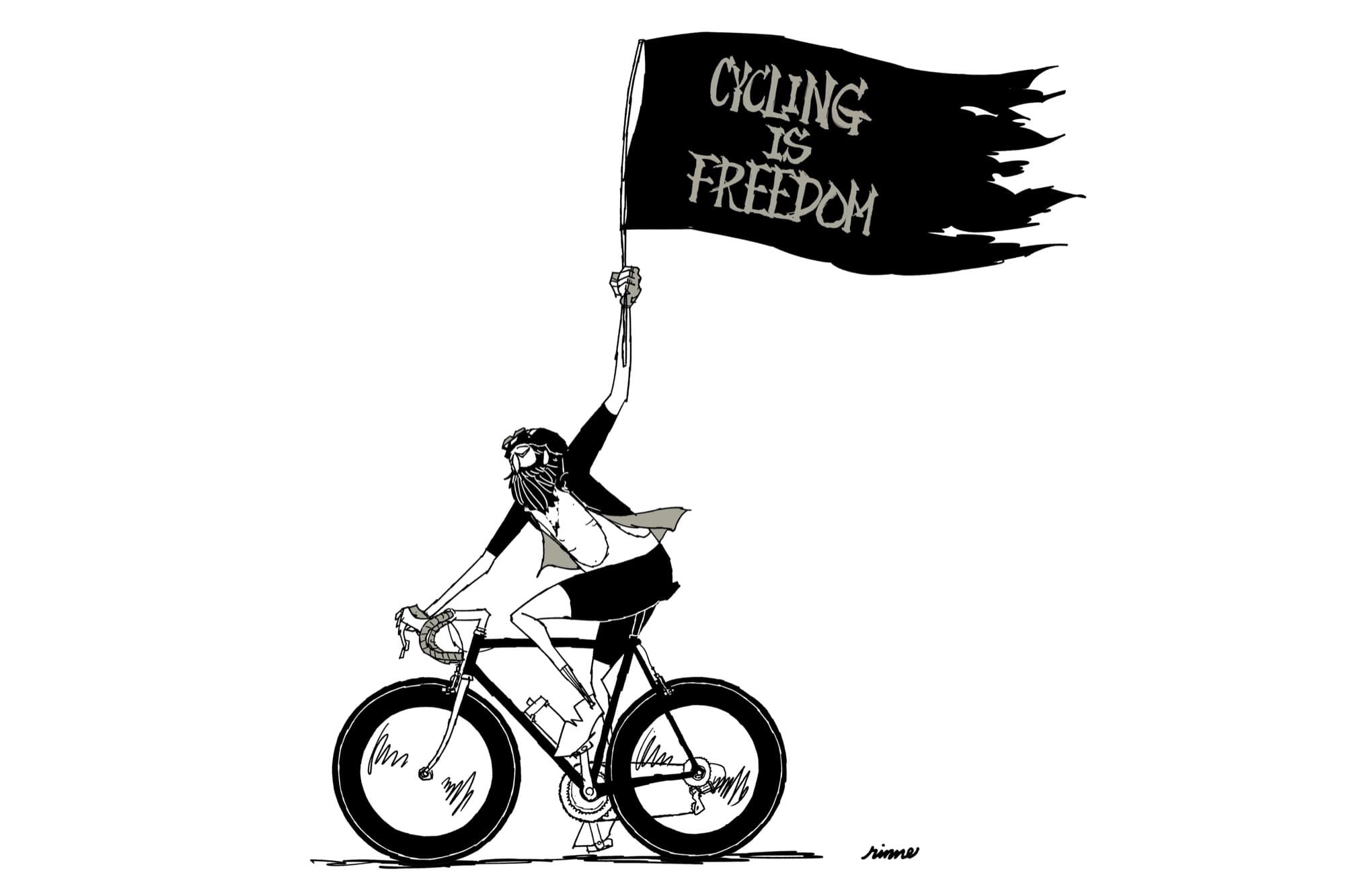 Black and white illustration of a cyclist waving a flag reading Cycling Is Freedom