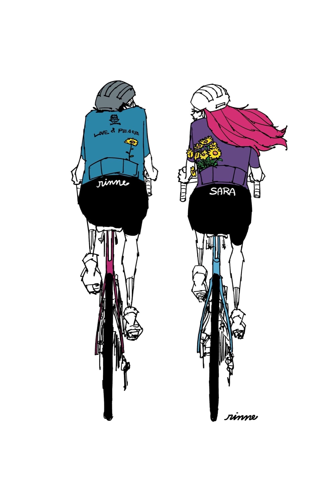 Illustration of Rinne and Sara riding away together in matching kit