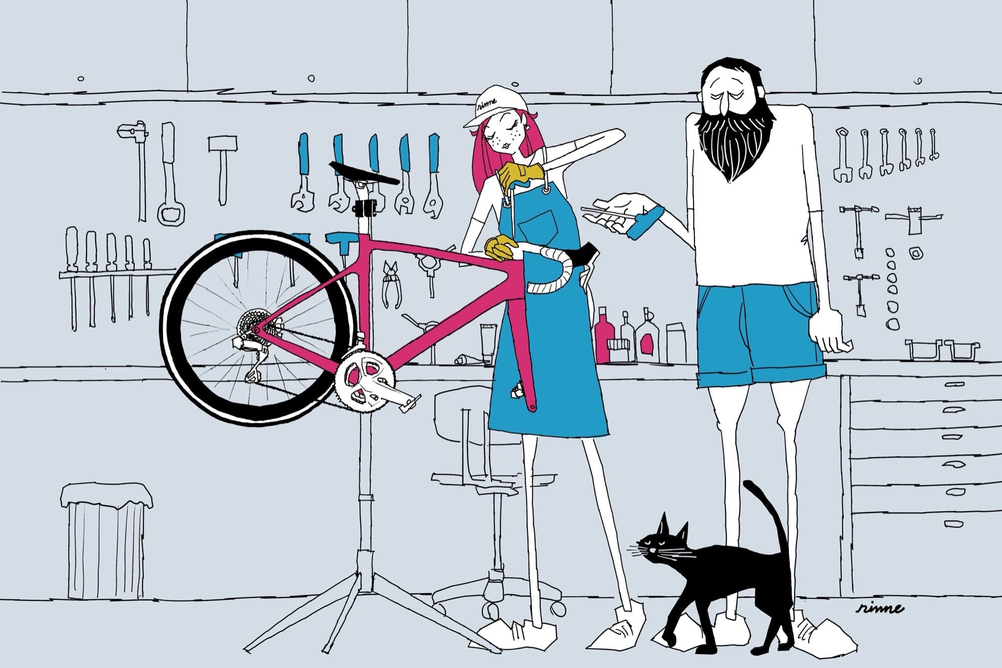 Illustration of a female mechanic working on a bike beside a bearded onlooker and a cat walking past