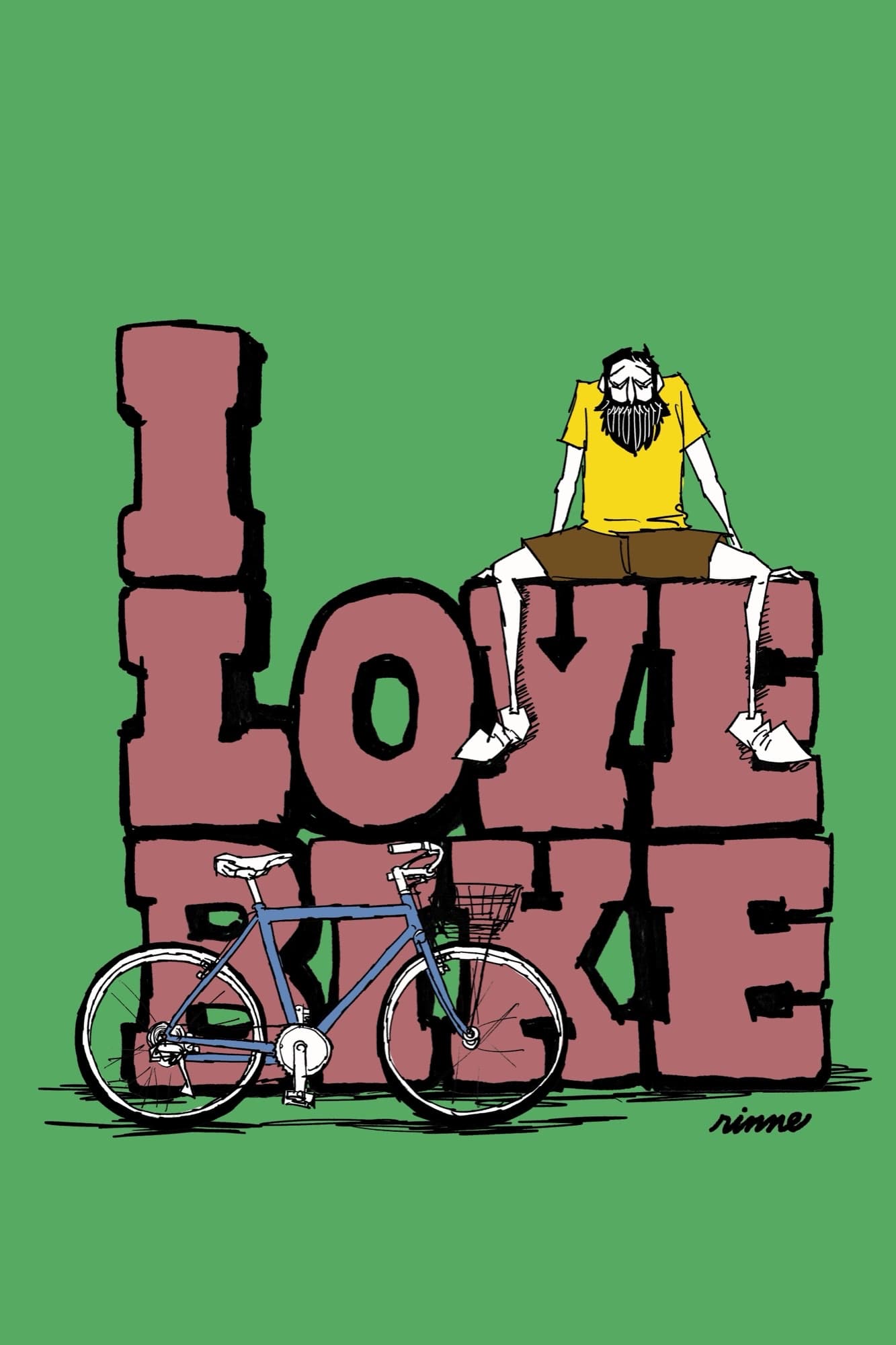 Illustration of a rider perched on giant letters spelling I Love Bike