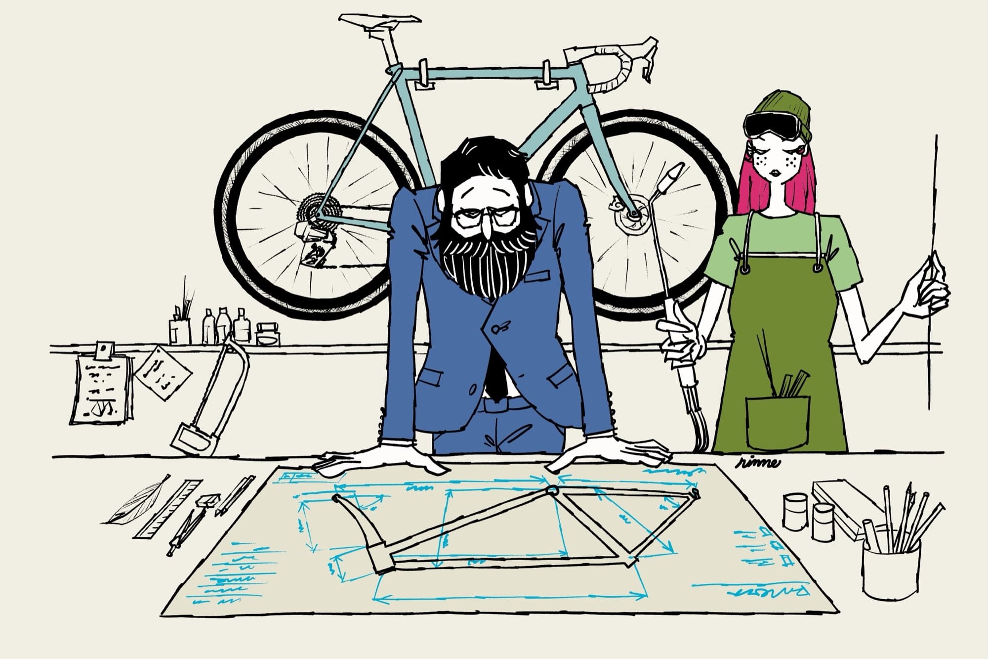 Illustration of a framebuilder and an assistant sketching a frame design beneath a hanging bike