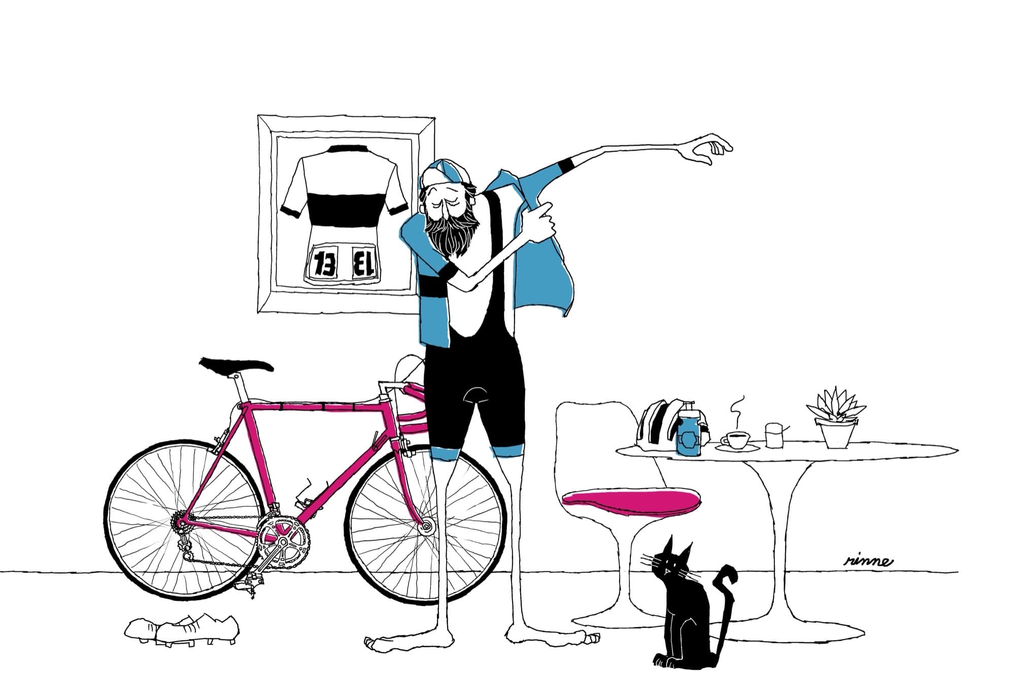 Illustration of a track cyclist celebrating beside a pink road bike and a black cat