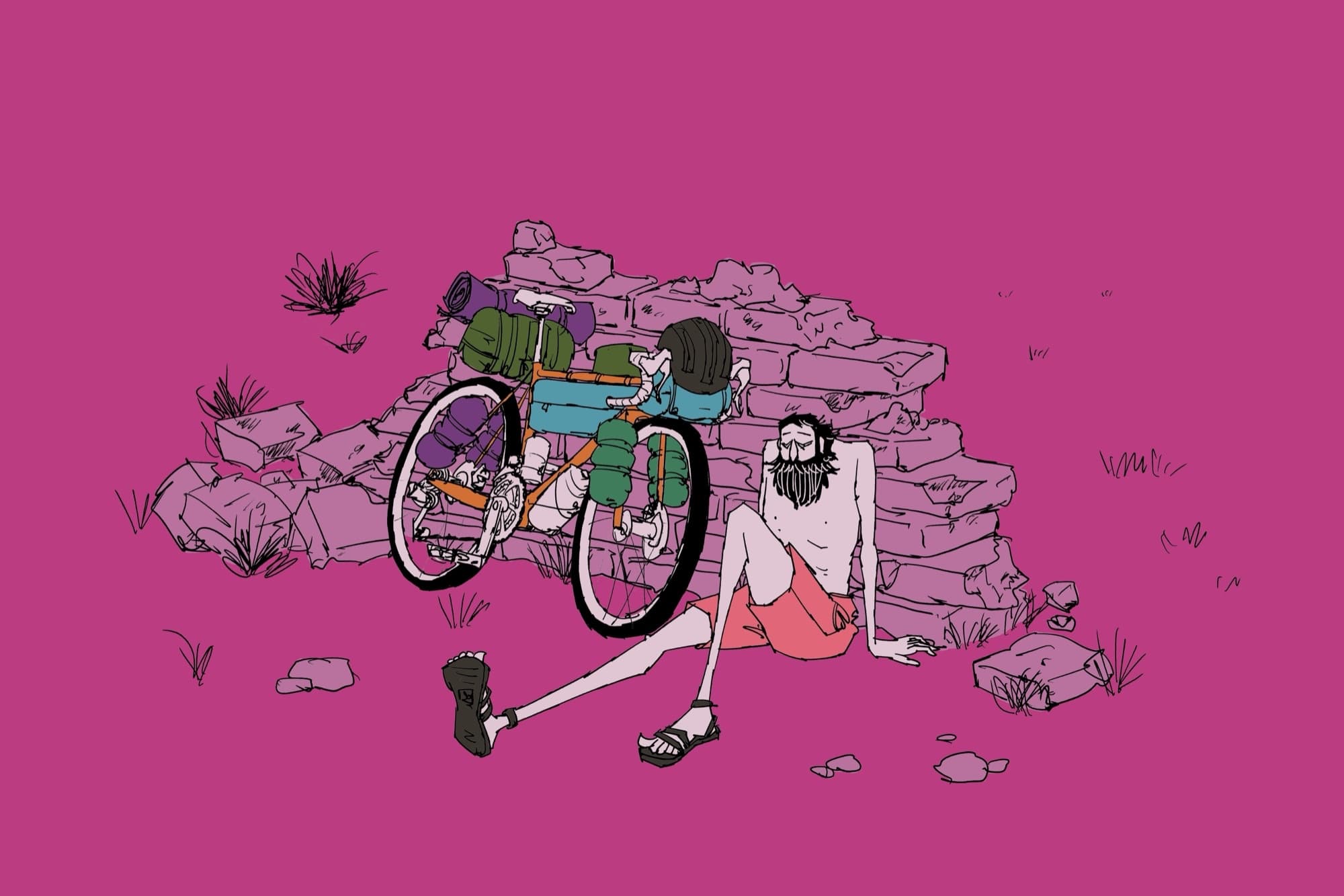 Illustration of a lone bikepacker resting against a pile of rubble in a magenta landscape