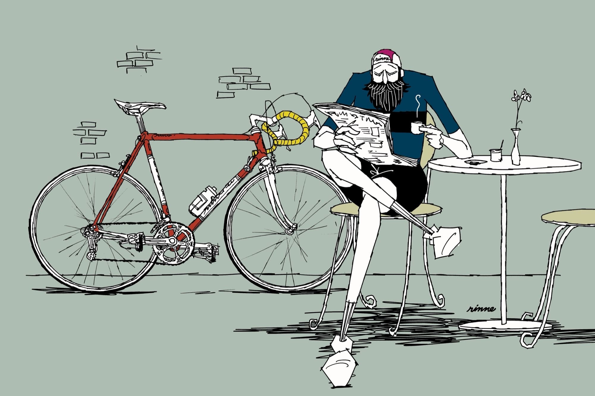 Illustration of a man reading a newspaper with coffee at a cafe table beside a red road bike