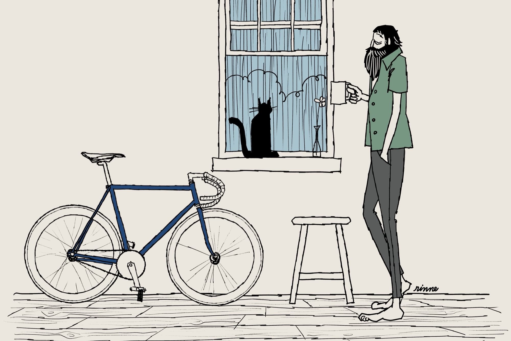 Illustration of a rider drinking coffee beside his bike while a cat watches from a windowsill