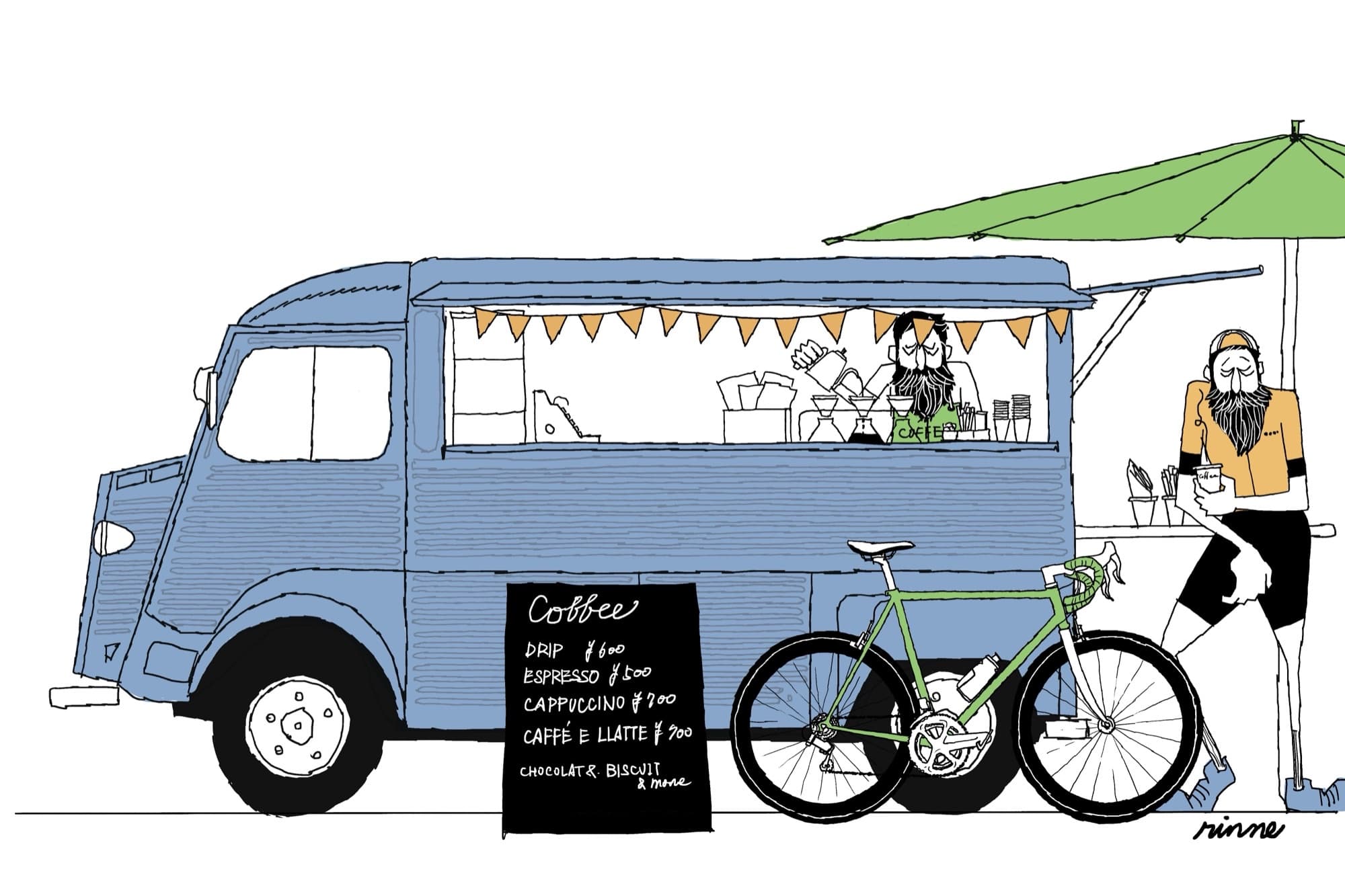 Illustration of a coffee truck with a bearded cyclist ordering coffee beside a green road bike