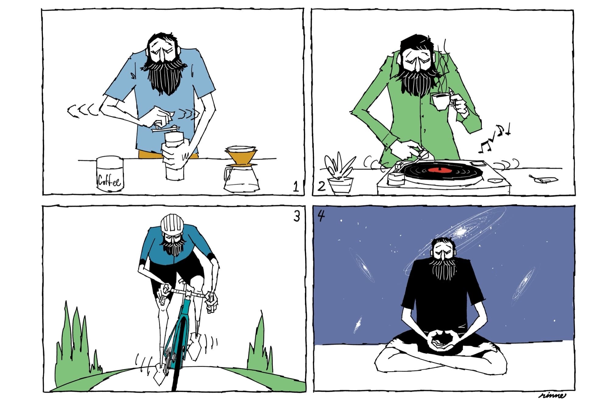 Four-panel comic strip of a bearded rider brewing coffee, DJing, riding, and meditating