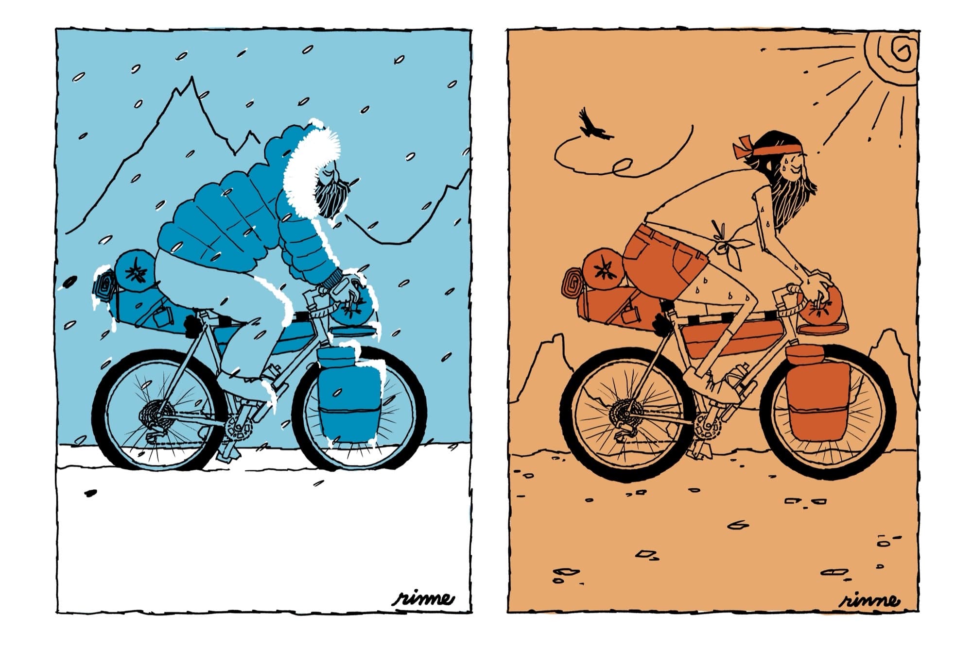 Two-panel illustration of a bikepacker in a snowstorm beside a bikepacker crossing the desert
