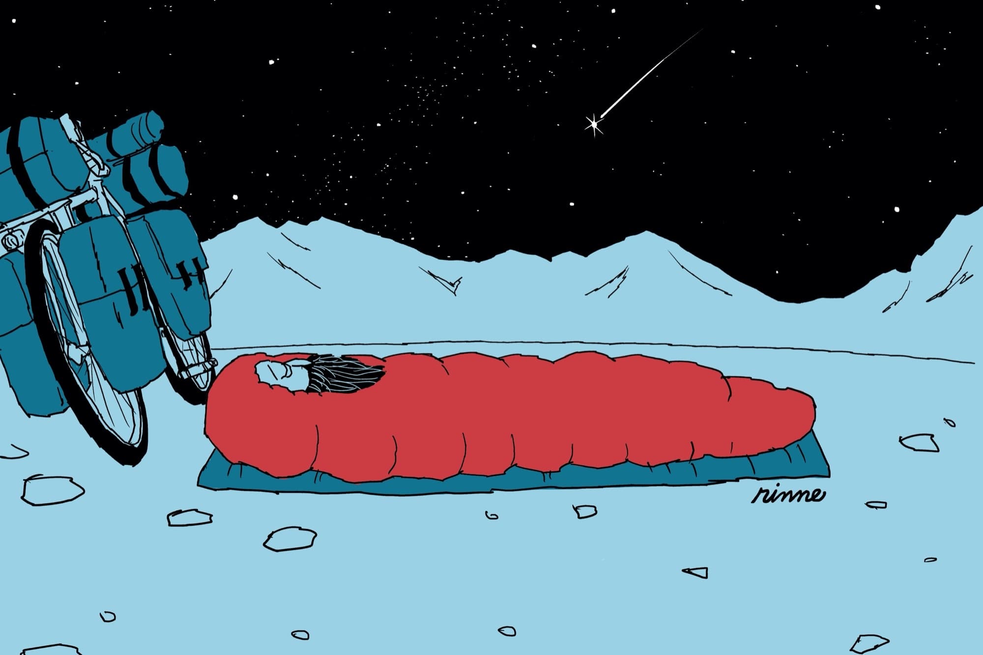 Illustration of a bikepacker sleeping under the stars beside a loaded touring bike